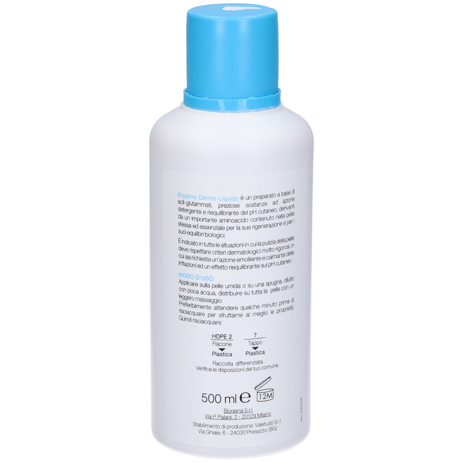 Weiße Flasche mit blauem Deckel. Aufschrift: Biogena Dermo Liquido, Detergente Corpo Delicato, pH-Ausgleich.
