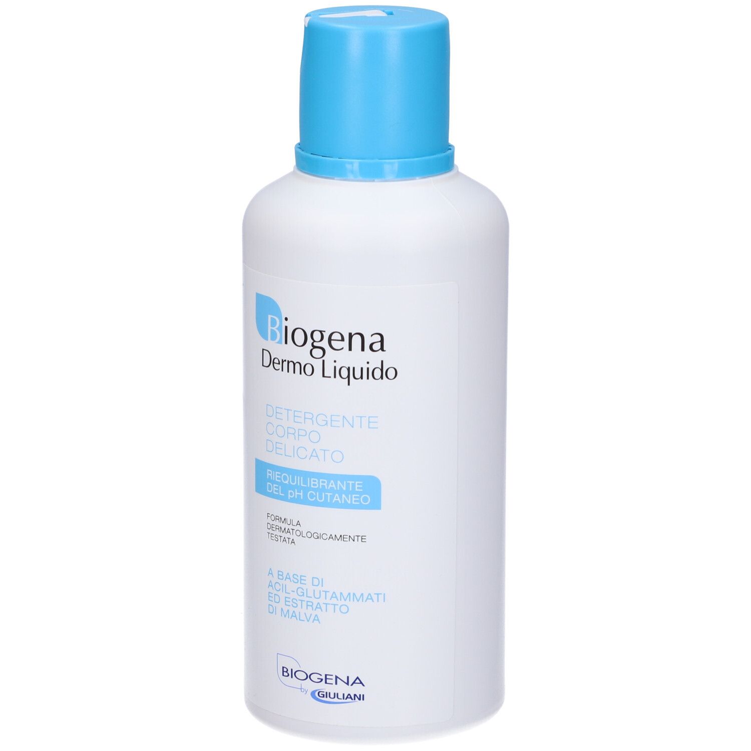 Weiße Flasche mit blauem Deckel. Aufschrift: Biogena Dermo Liquido, Detergente Corpo Delicato, pH-Ausgleich.