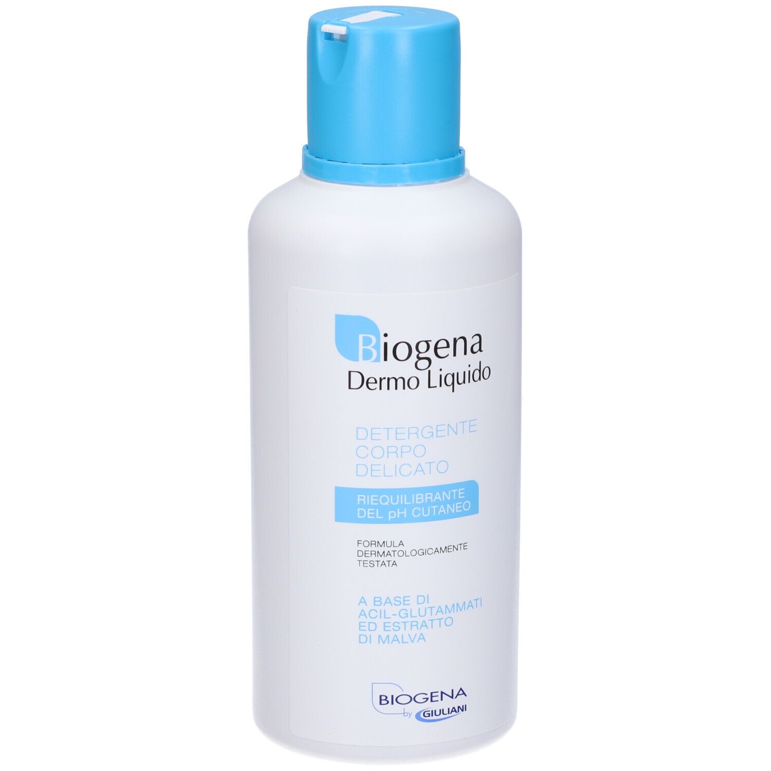 Weiße Flasche mit blauem Deckel. Aufschrift: Biogena Dermo Liquido, Detergente Corpo Delicato, pH-Ausgleich.