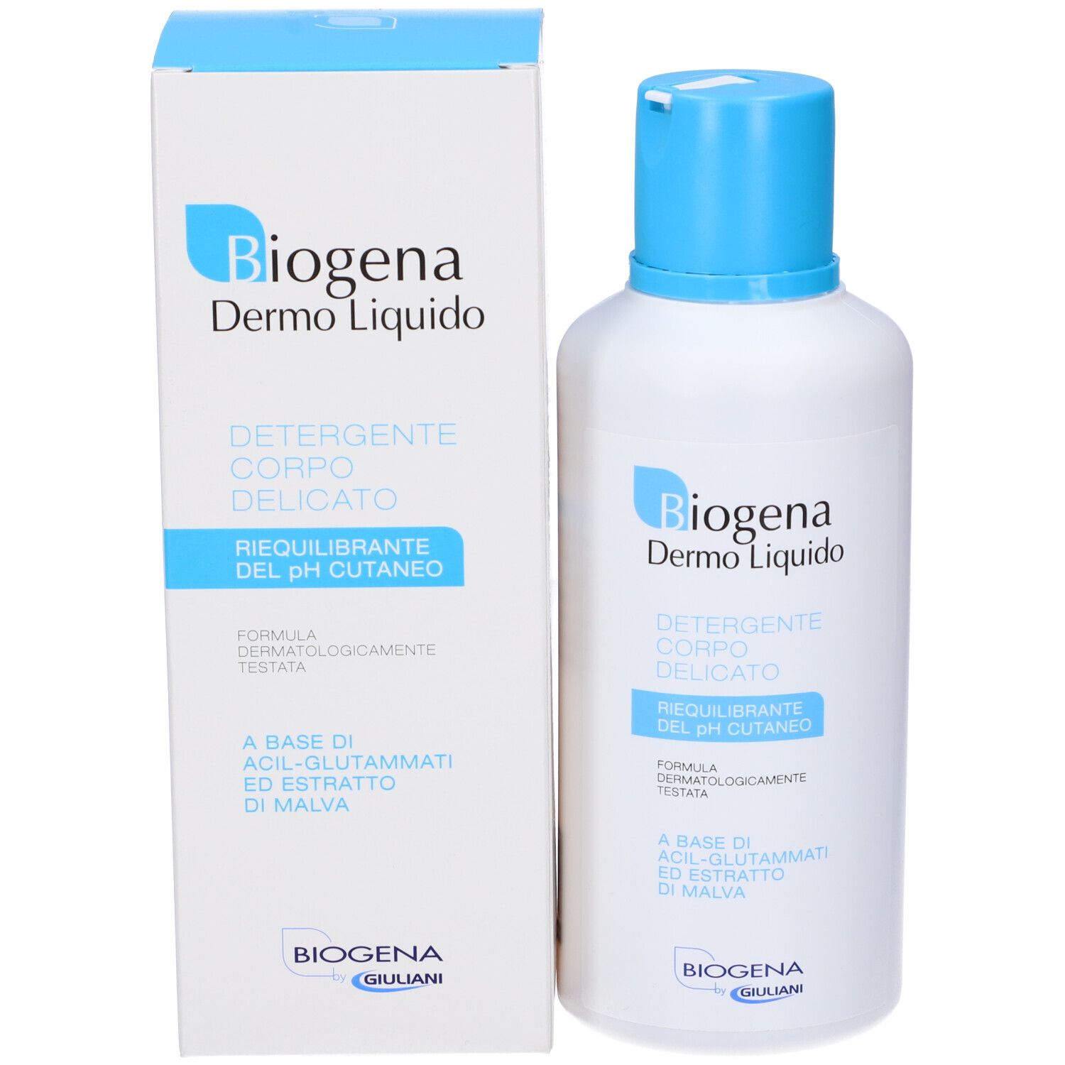 Weiße Flasche mit blauem Deckel und Karton. Aufschrift: Biogena Dermo Liquido, Detergente Corpo Delicato.