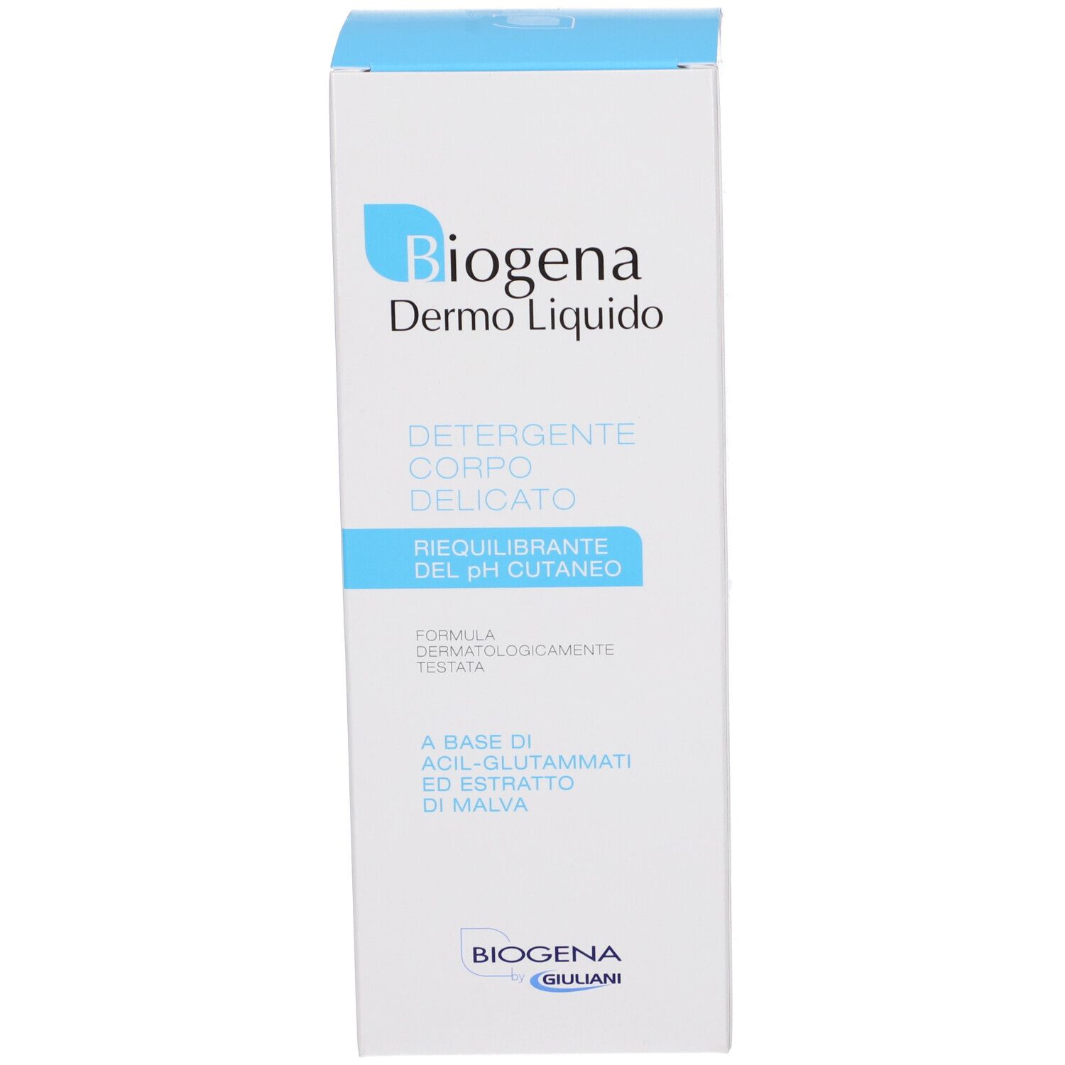 Karton mit Aufschrift: Biogena Dermo Liquido, Detergente Corpo Delicato, pH-Ausgleich.