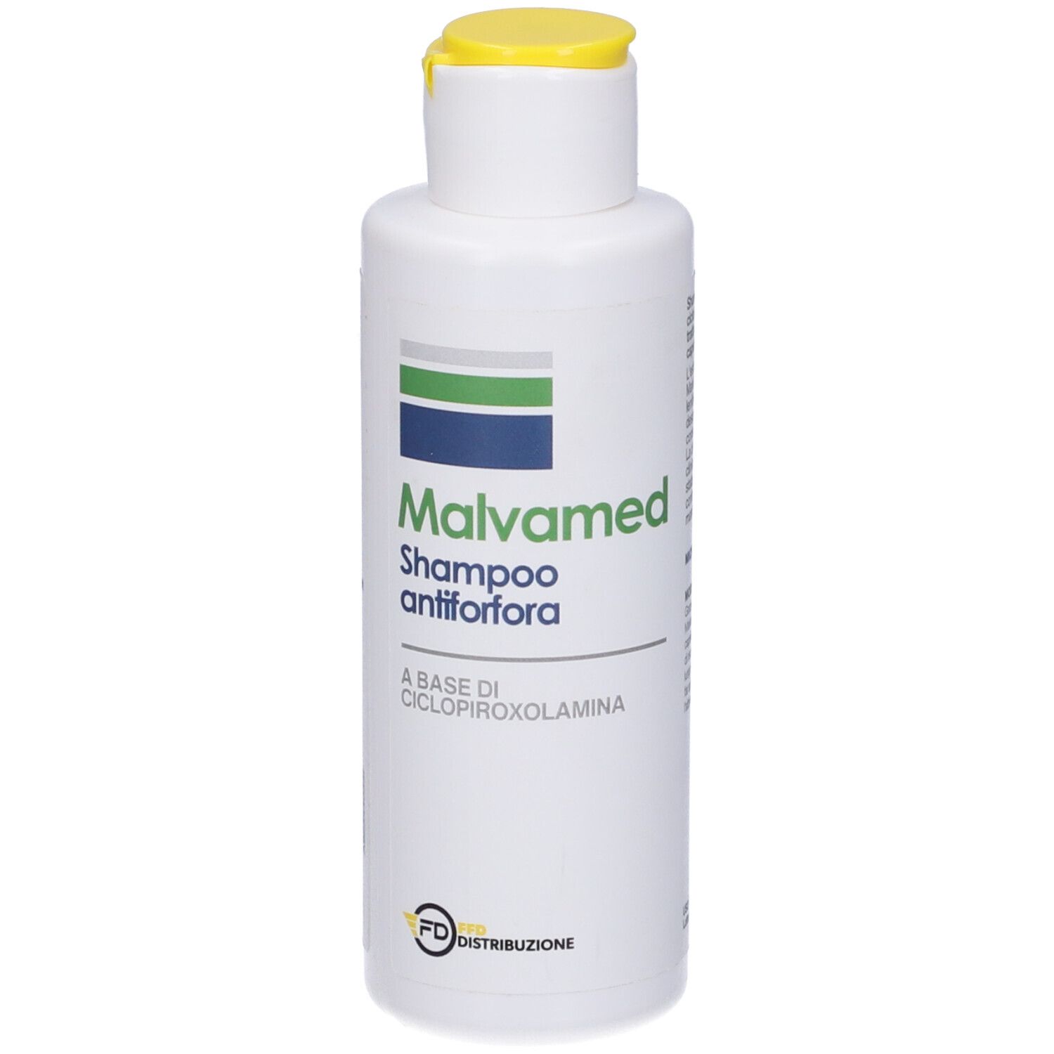 Flacone bianco con tappo giallo. Scritta: Malvamed Shampoo antiforfora. Contiene ciclopiroxolamina.