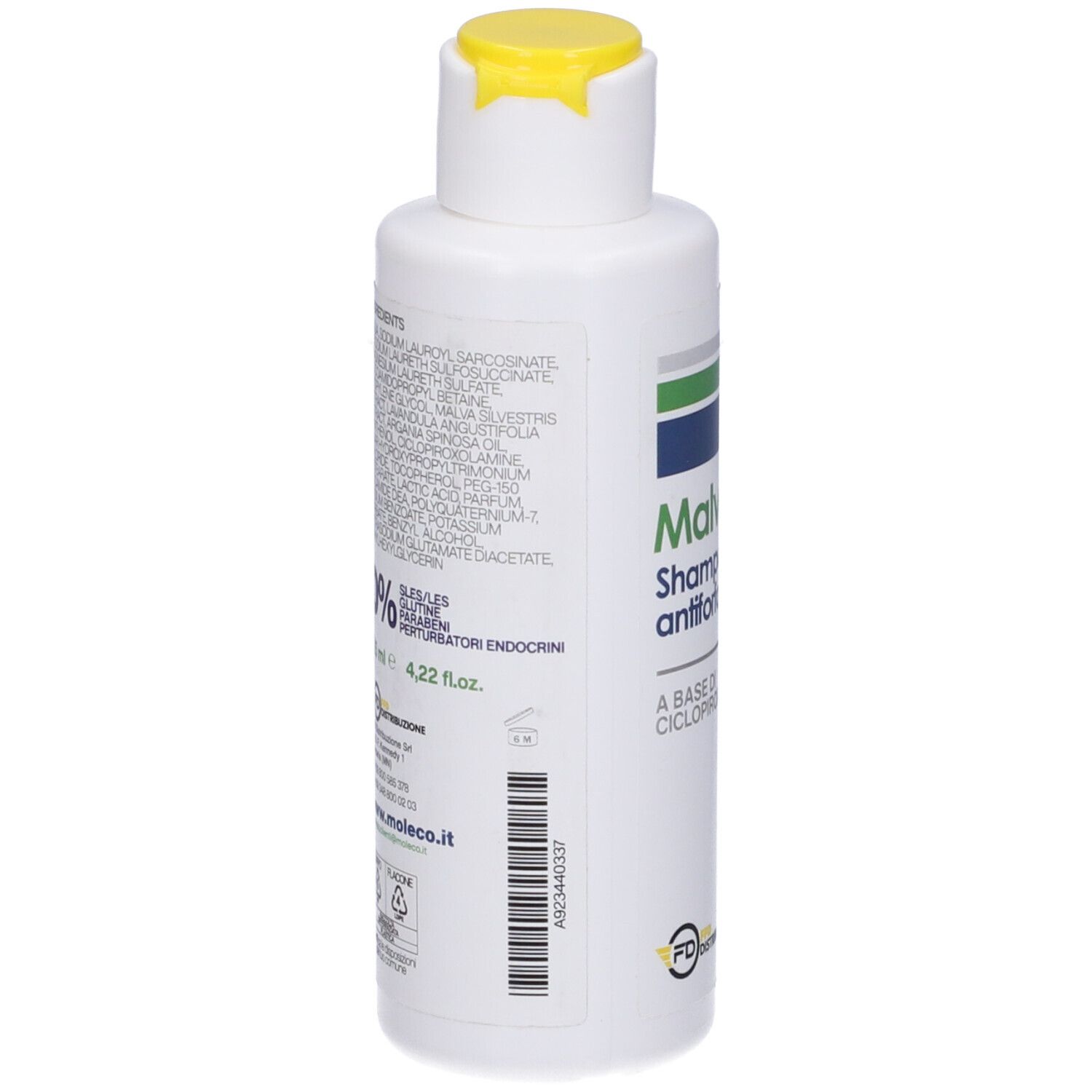 Flacone bianco, tappo giallo. Retro con ingredienti e codice a barre. Contiene 0% parabeni.