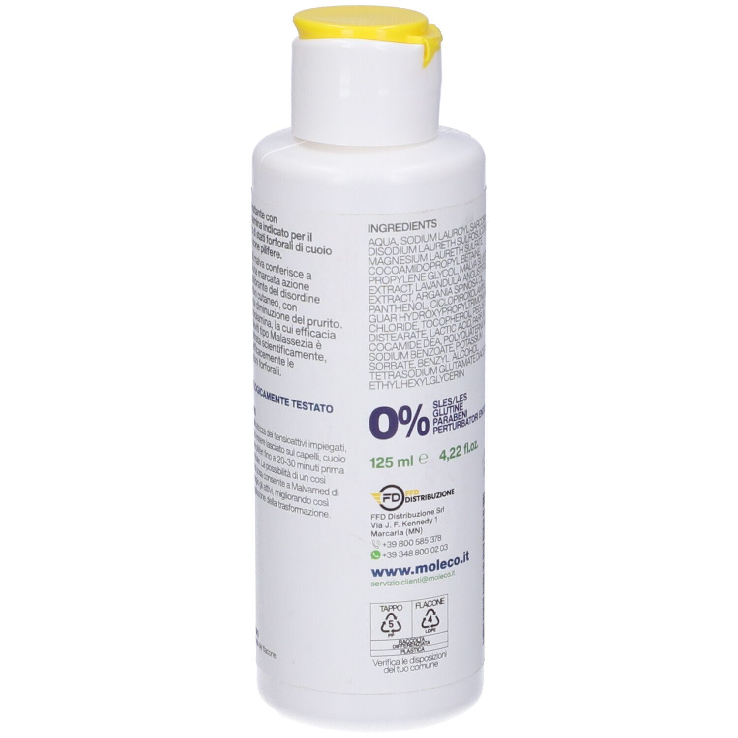 Flacone bianco con tappo giallo. Retro con ingredienti e testo. Contiene 125 ml.