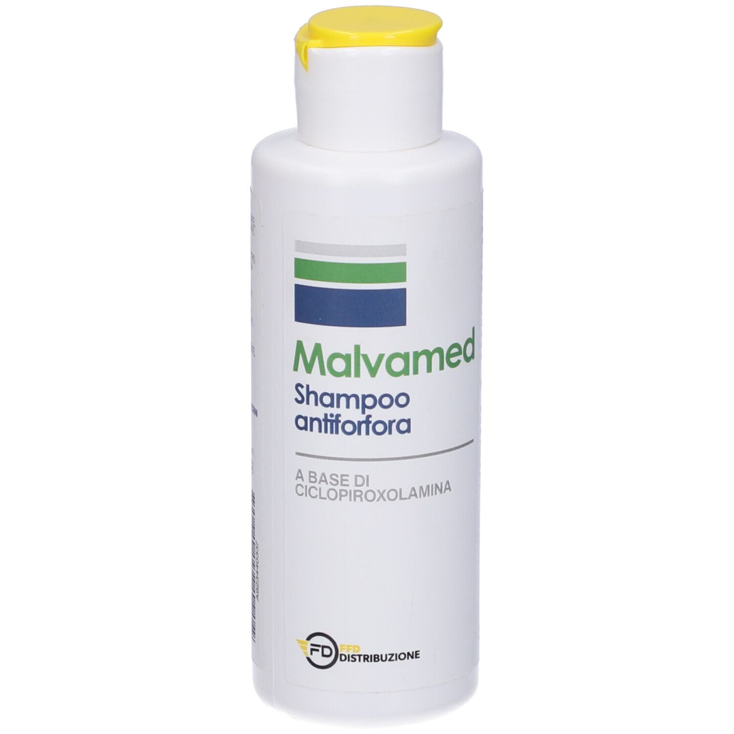 Flacone bianco con tappo giallo. Scritta: Malvamed Shampoo antiforfora. Contiene ciclopiroxolamina.