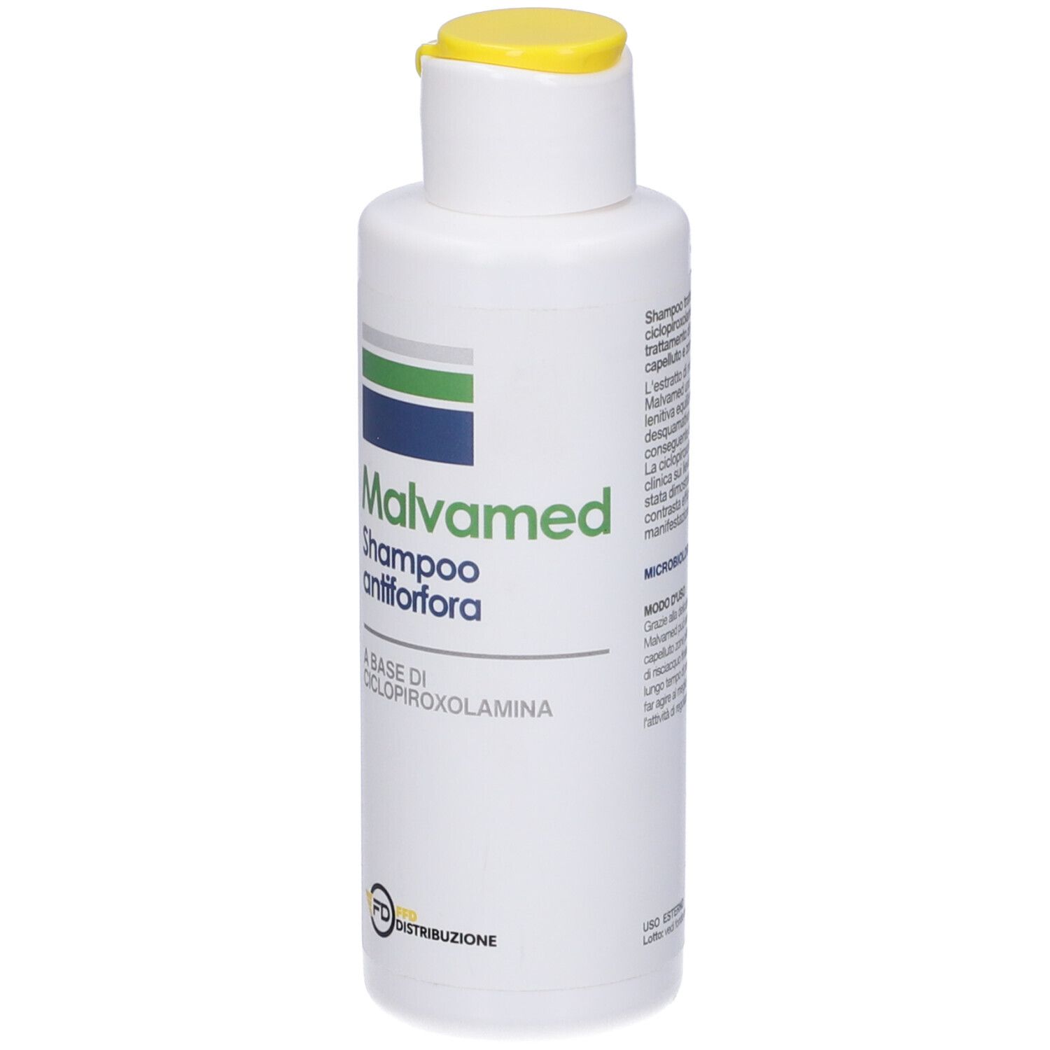 Flacone bianco con tappo giallo. Scritta: Malvamed Shampoo antiforfora. Contiene ciclopiroxolamina.
