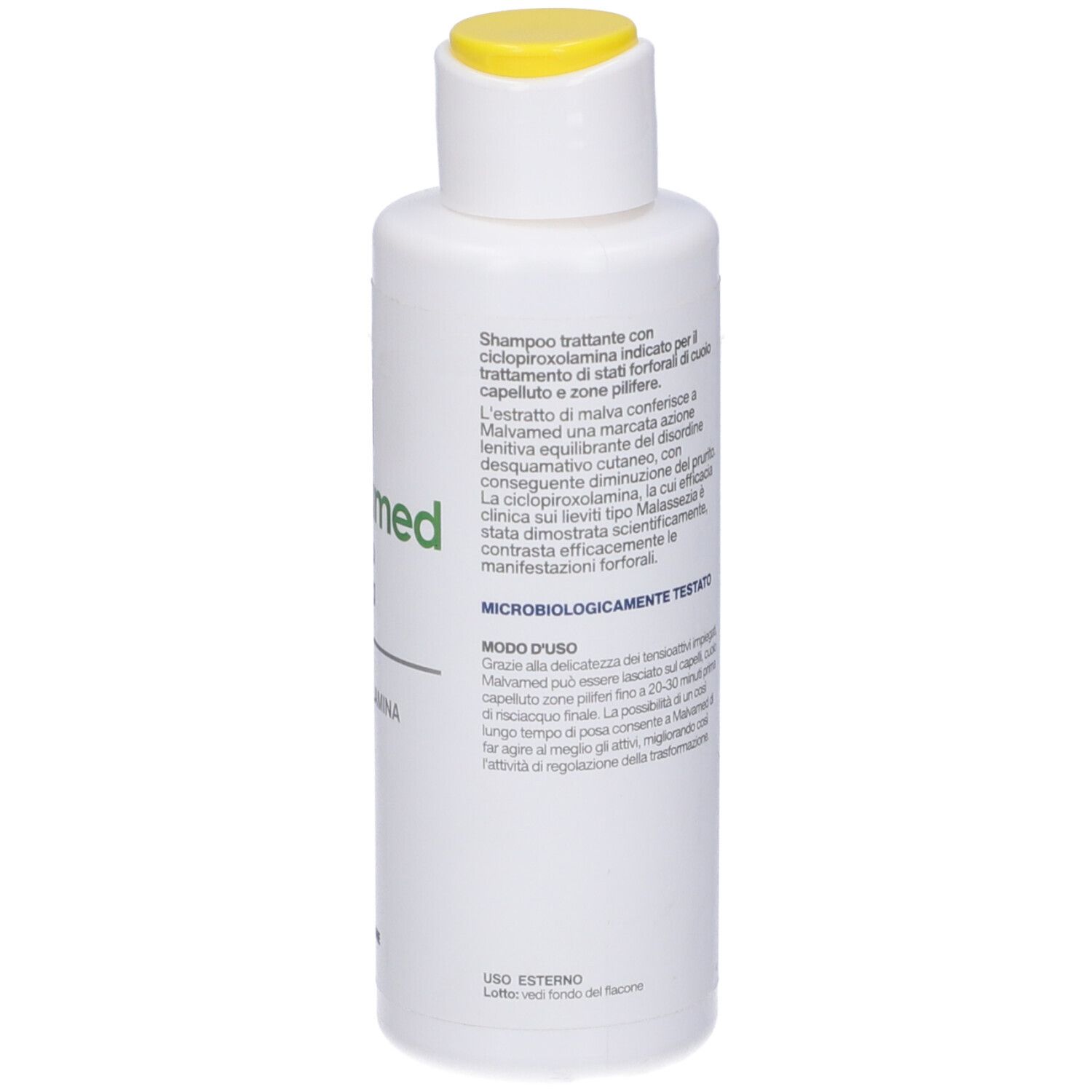 Flacone bianco con tappo giallo. Testo: Shampoo per trattare la forfora. Contiene ciclopiroxolamina.