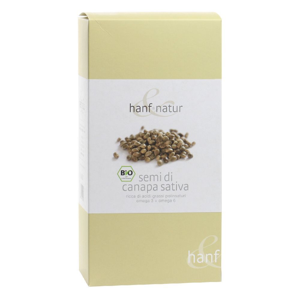 Confezione Hanf&Natur con semi. Scritta: "semi di canapa sativa". Sigillo bio. Scatola beige con etichetta bianca.