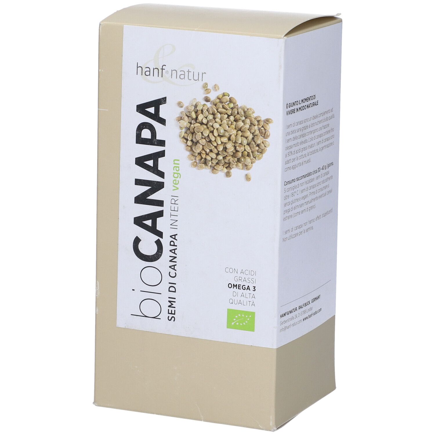 Confezione Hanf&Natur. Scritta: "bio canapa semi di canapa interi vegan". Sigillo bio. Scatola beige con etichetta bianca.