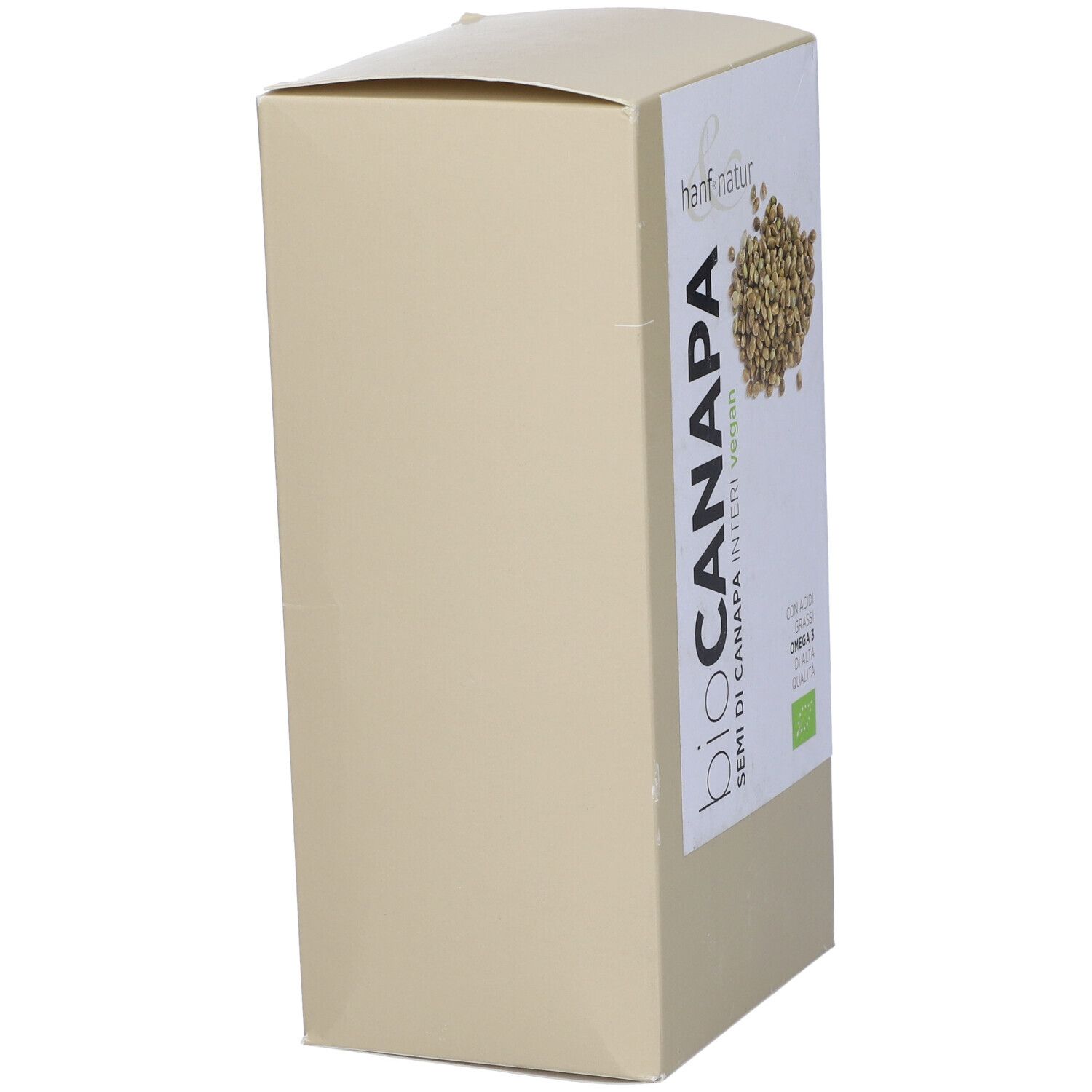 Confezione Hanf&Natur. Scritta: "bio canapa semi di canapa interi vegan". Sigillo bio. Scatola beige con etichetta bianca.
