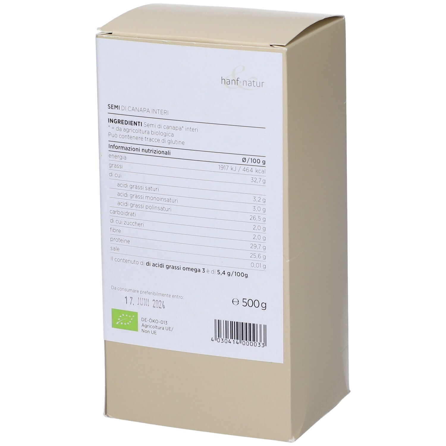 Retro confezione Hanf&Natur. Lista ingredienti, valori nutrizionali, sigillo bio, peso 500g. Scatola beige.