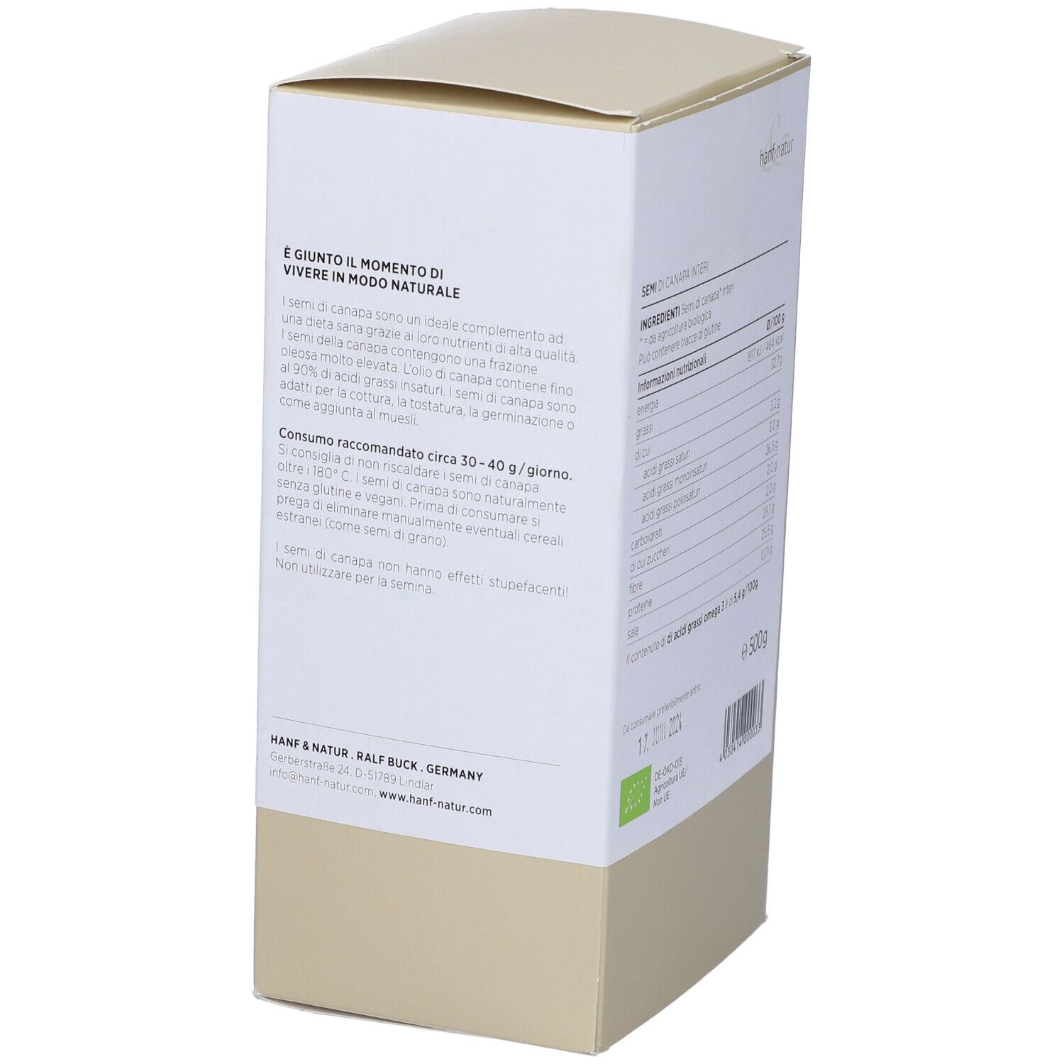 Retro confezione Hanf&Natur. Testo, ingredienti, valori nutrizionali, sigillo bio, peso 500g. Scatola beige.