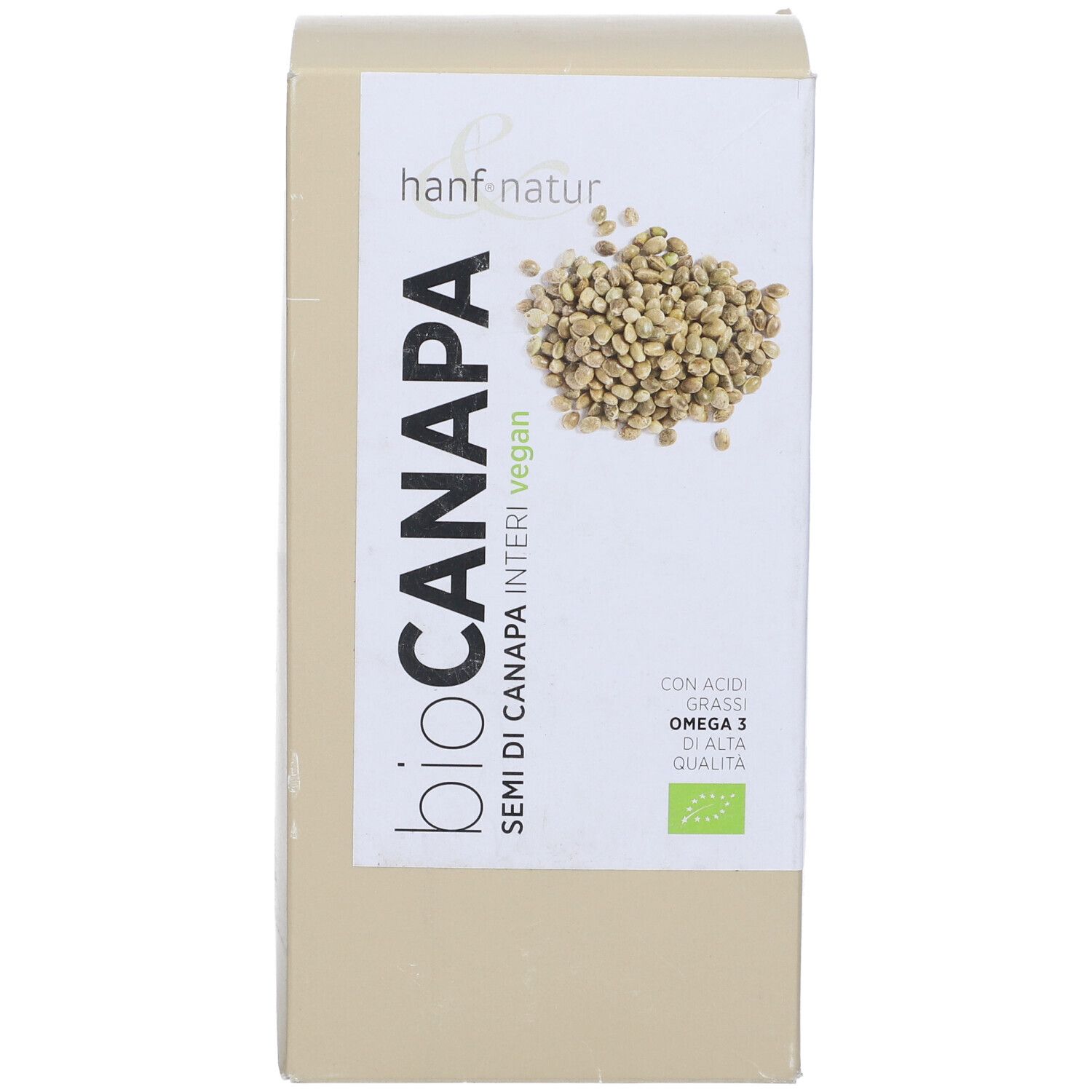 Confezione Hanf&Natur. Scritta: "bio canapa semi di canapa interi vegan". Sigillo bio. Scatola beige con etichetta bianca.