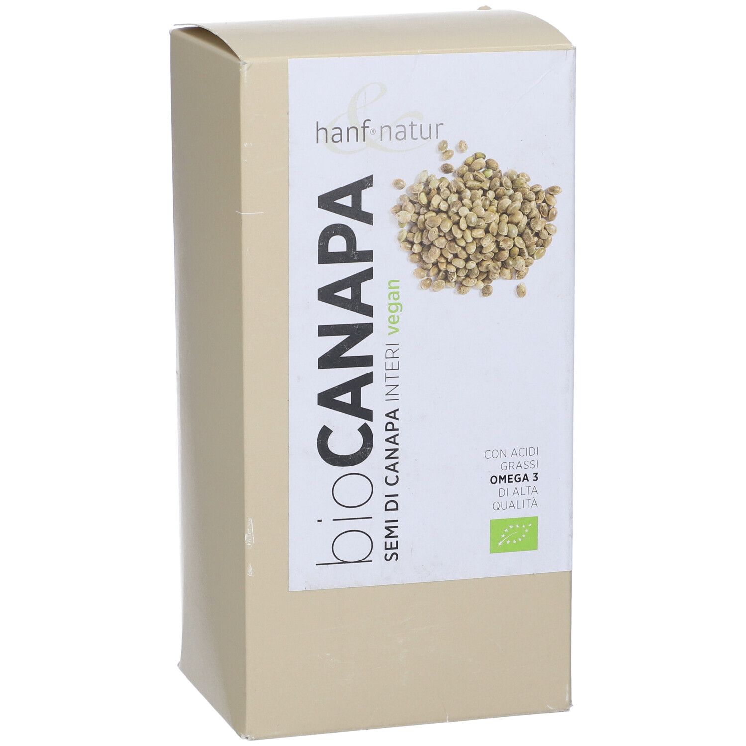 Confezione Hanf&Natur. Scritta: "bio canapa semi di canapa interi vegan". Sigillo bio. Scatola beige con etichetta bianca.