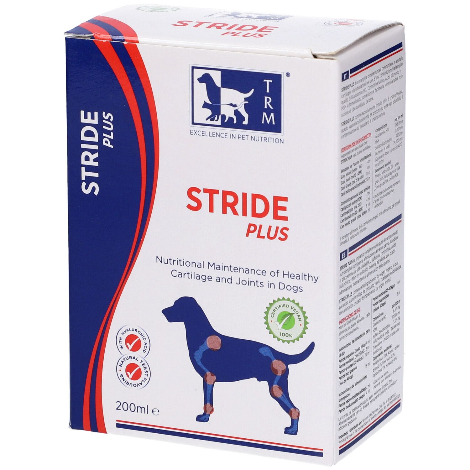 Confezione di Stride Plus. Illustrazione di un cane con articolazioni evidenziate. Testo: Nutritional Maintenance of Healthy Cartilage and Joints in Dogs.