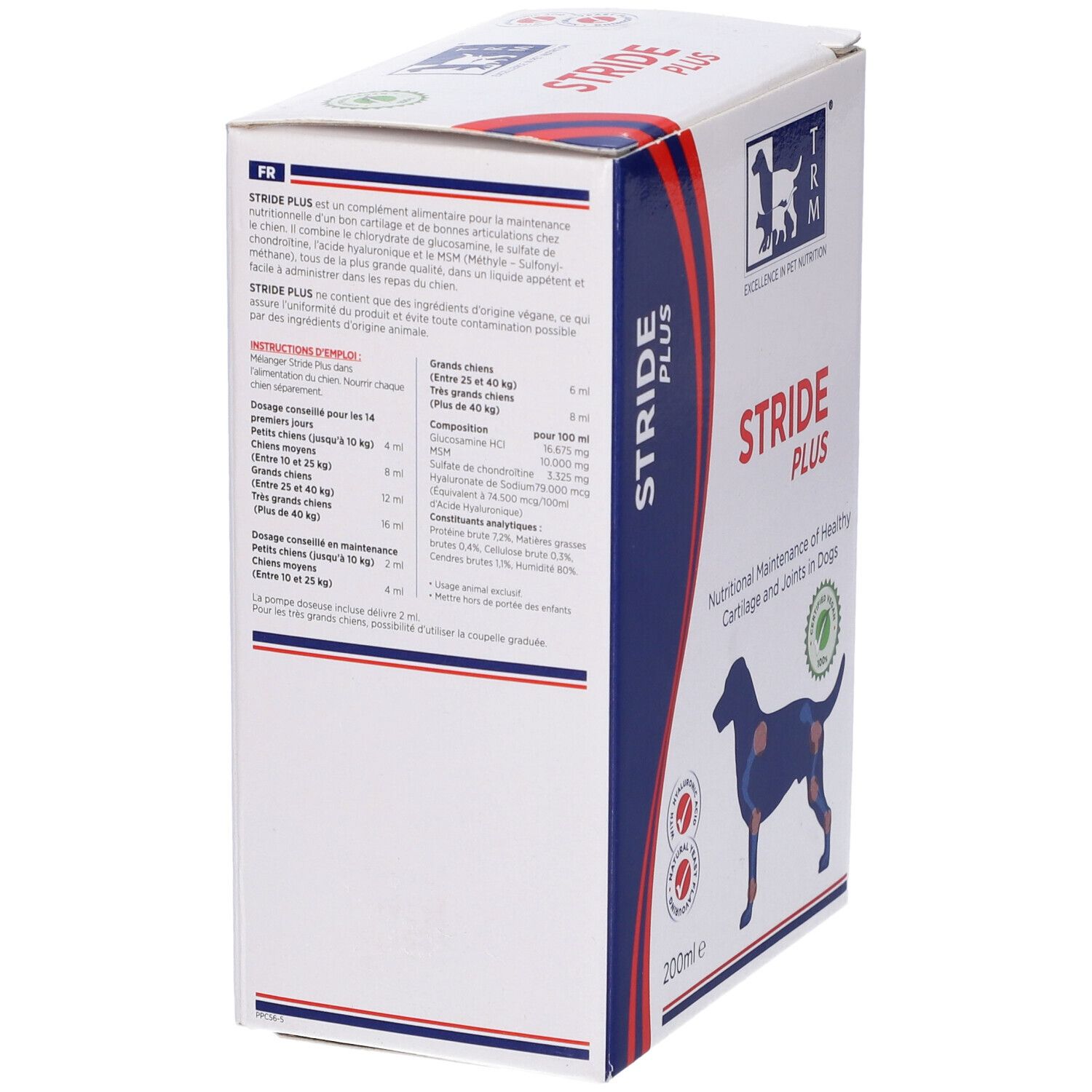 Vista laterale della confezione di Stride Plus. Contiene testo e un'illustrazione di un cane. Testo in francese.