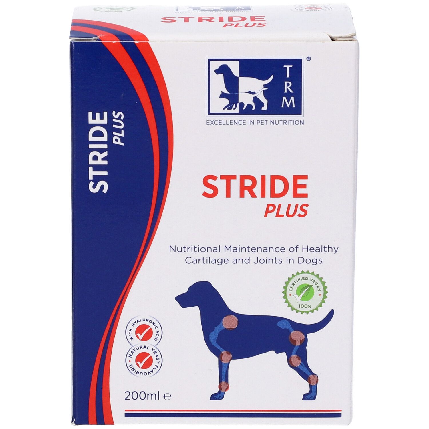 Confezione di Stride Plus. Illustrazione di un cane con articolazioni evidenziate. Testo: Nutritional Maintenance of Healthy Cartilage and Joints in Dogs.
