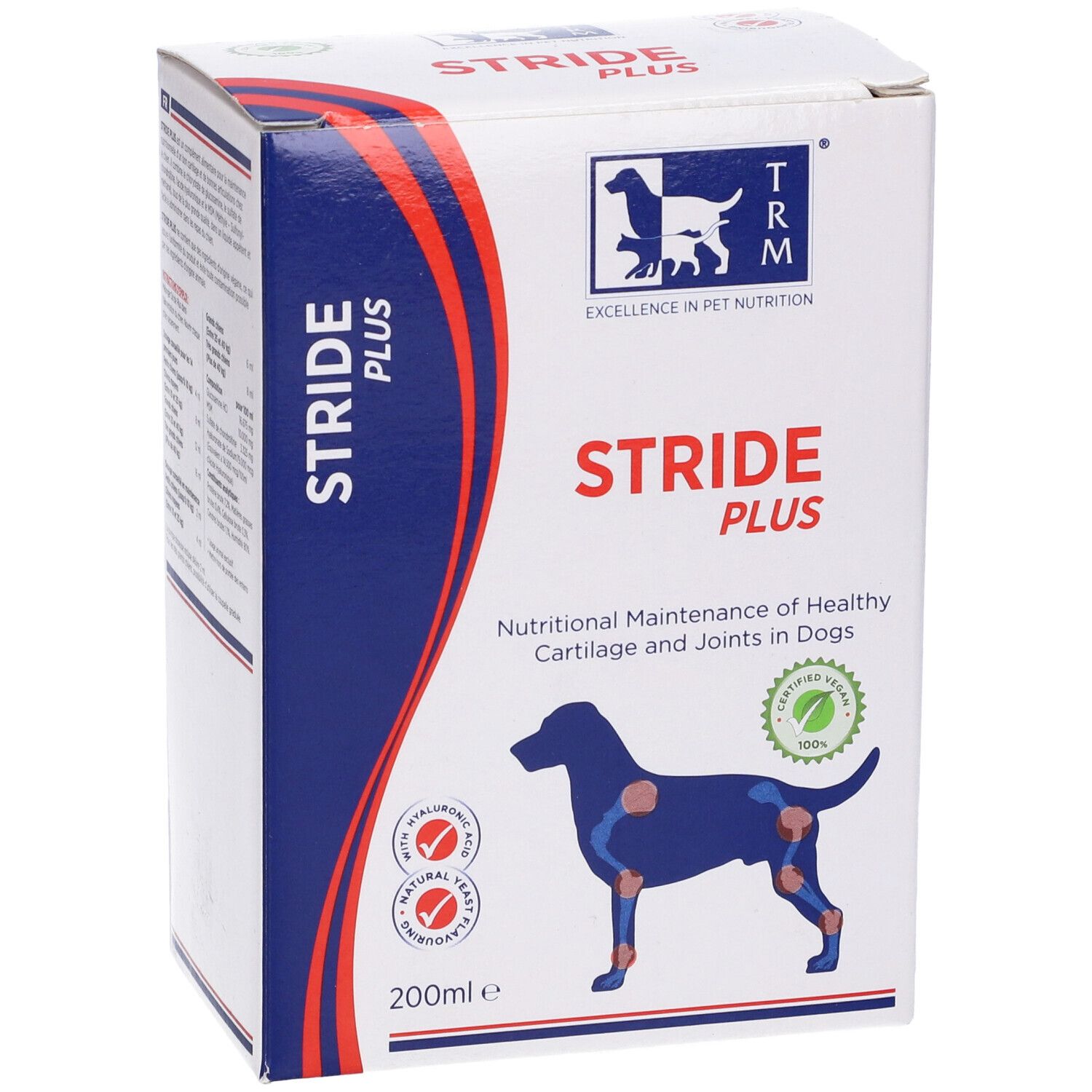 Confezione di Stride Plus. Illustrazione di un cane con articolazioni evidenziate. Testo: Nutritional Maintenance of Healthy Cartilage and Joints in Dogs.