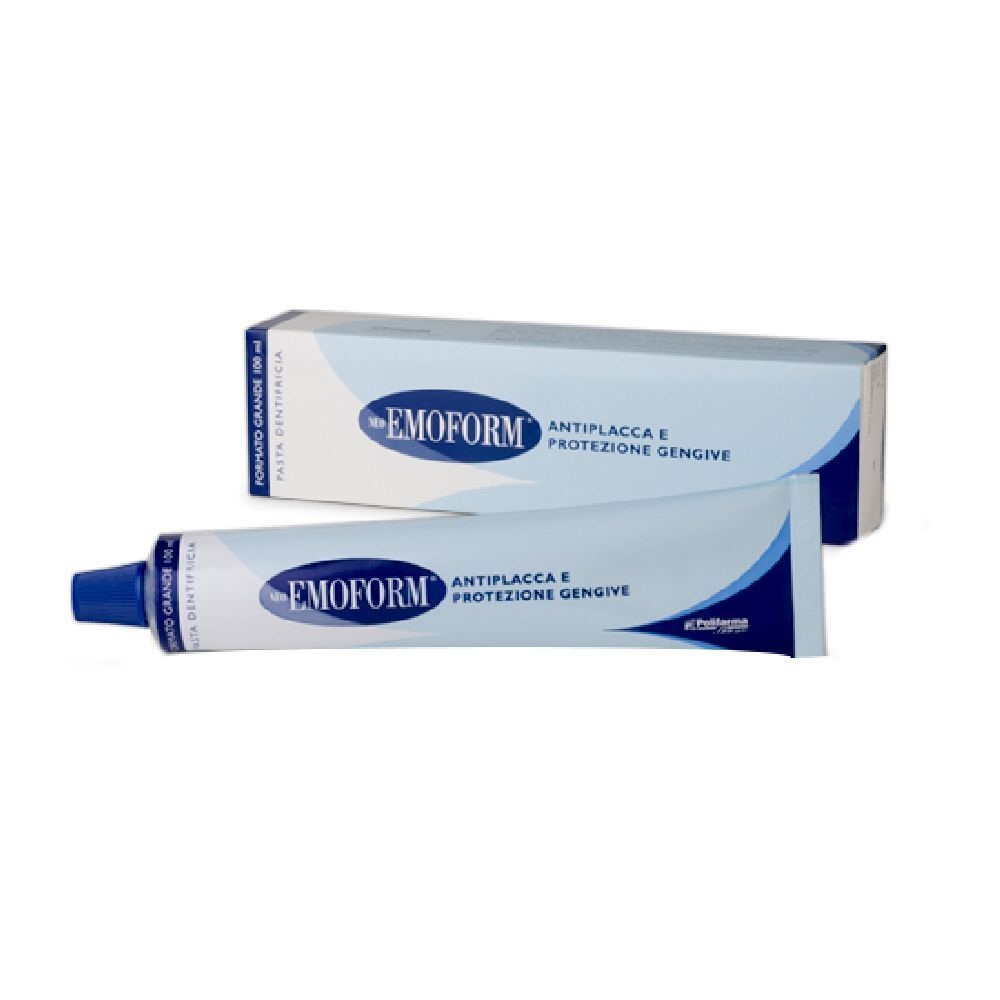 Tubo e scatola di dentifricio Emoform. Antiplacca e protezione gengive.