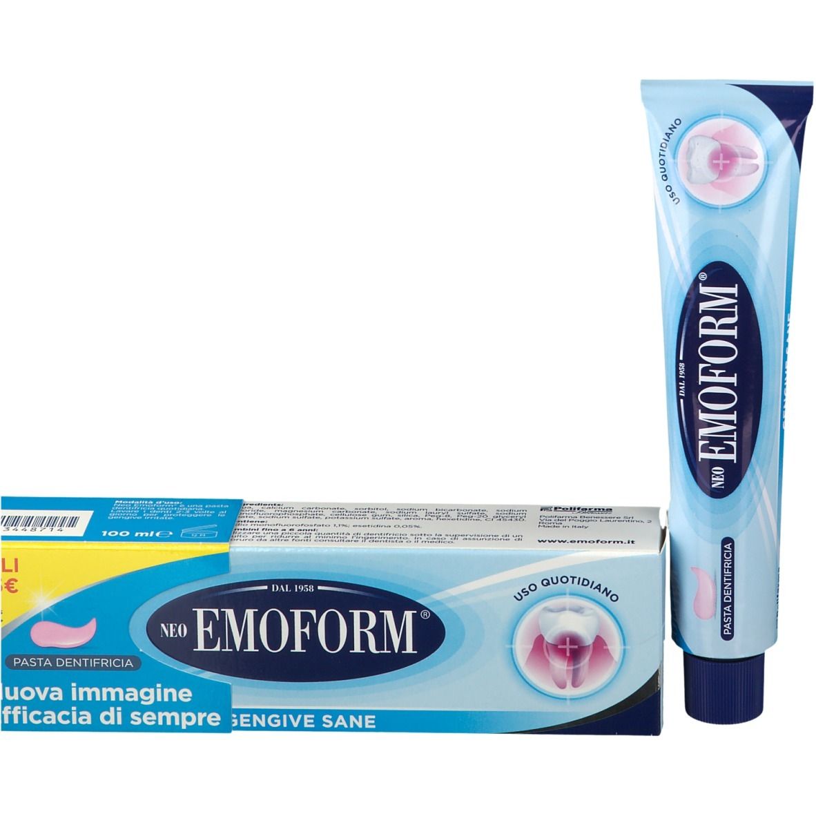 Tubo e scatola di dentifricio. Neo Emoform. Per gengive sane.