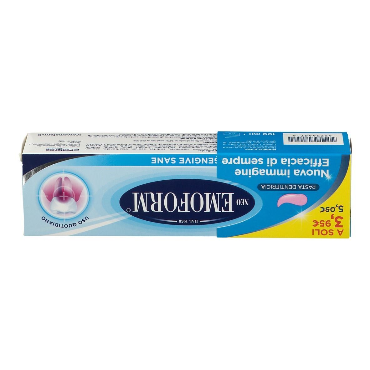 Scatola di dentifricio. Neo Emoform. Nuova immagine, sempre efficace, gengive sane.