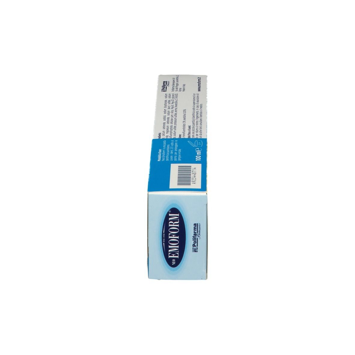 Vista laterale della scatola di dentifricio. Testo e informazioni.