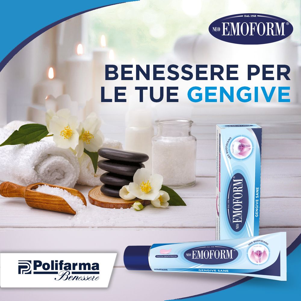 Immagine pubblicitaria con prodotto Neo Emoform. Benessere per le tue gengive.