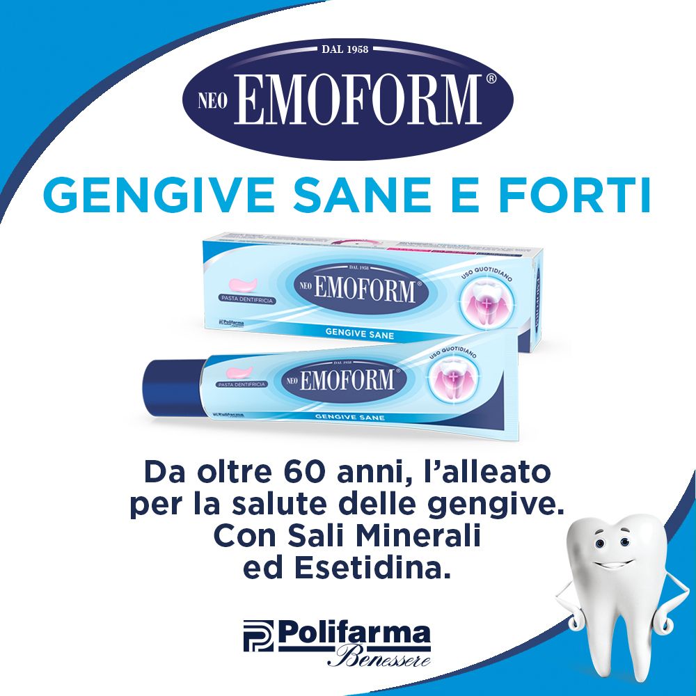 Tubo e scatola di dentifricio Neo Emoform. Gengive sane e forti. Testo.