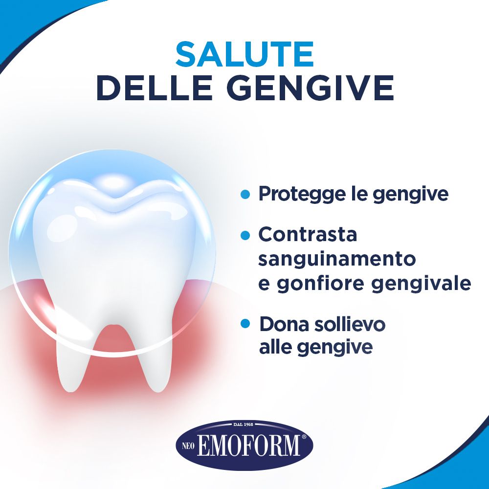 Grafica con dente e testo: Salute delle gengive. Neo Emoform.
