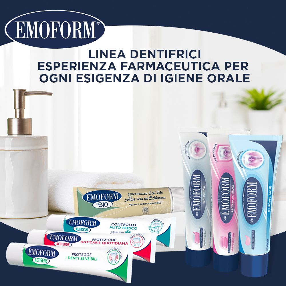 Diversi tubi di dentifricio Neo Emoform. Testo: Linea dentifrici. Igiene orale.