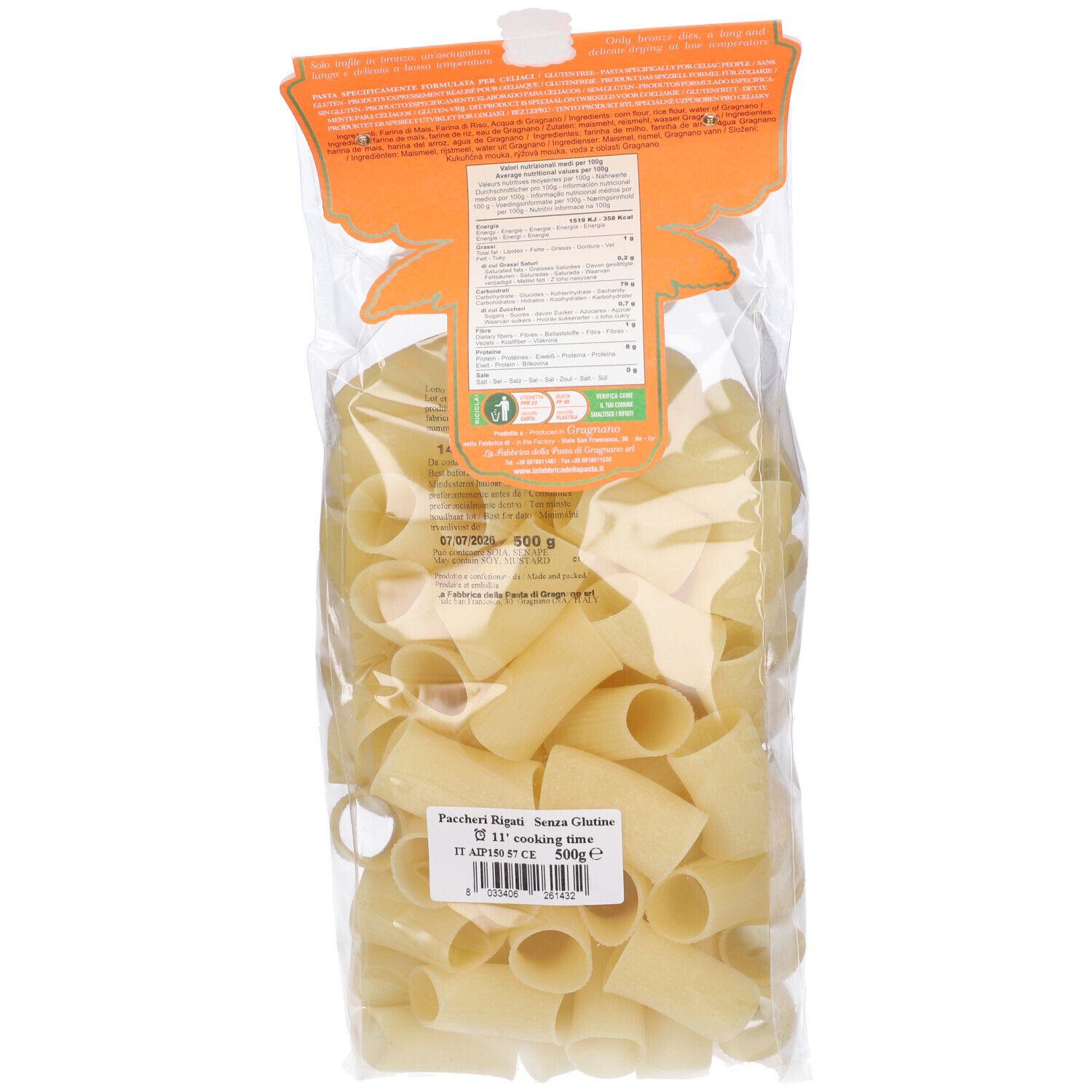 Retro della confezione trasparente di Paccheri Rigati senza glutine. Informazioni nutrizionali e certificazioni.