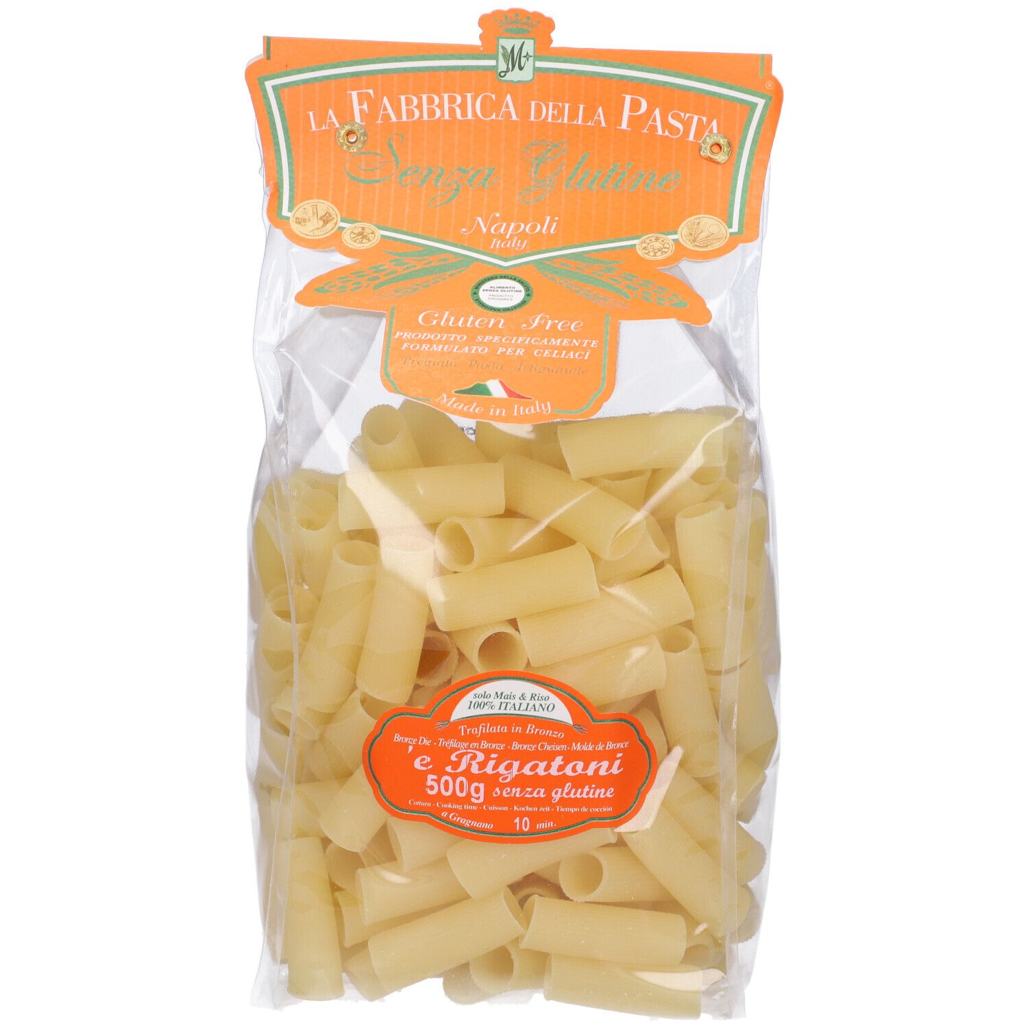 Pasta rigatoni senza glutine in confezione trasparente. Visibili: marchio, nome prodotto, logo senza glutine.