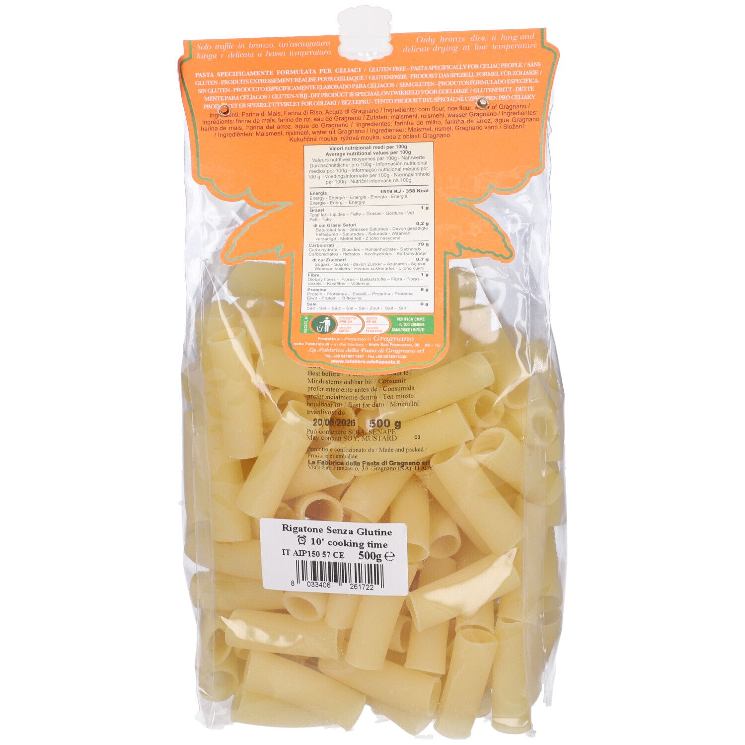 Retro della confezione di rigatoni. Visibili: nome prodotto, informazioni nutrizionali, codice a barre, logo senza glutine.