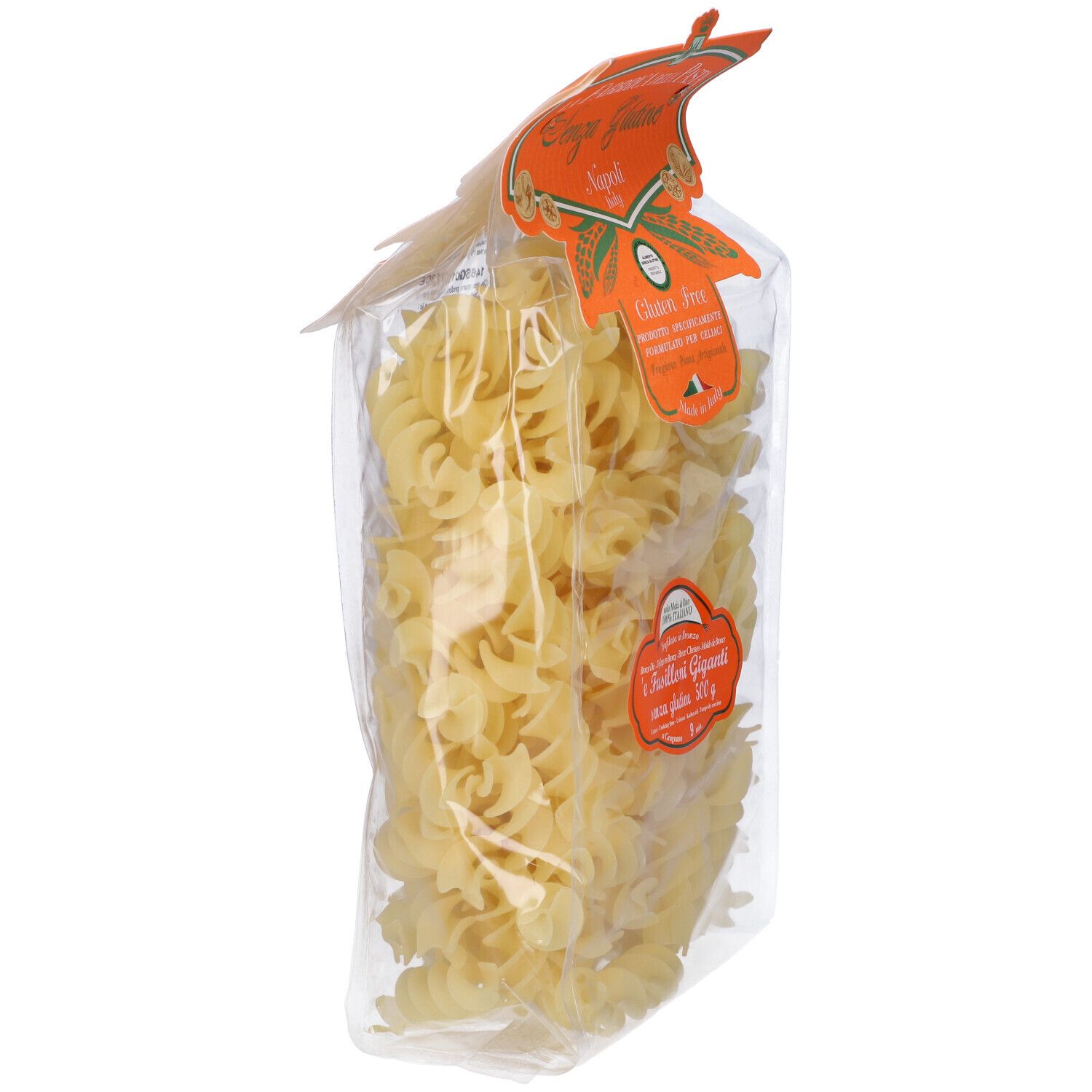 Confezione di fusilloni giganti senza glutine. Visibili le spirali di pasta. Etichette arancioni con informazioni sul prodotto.