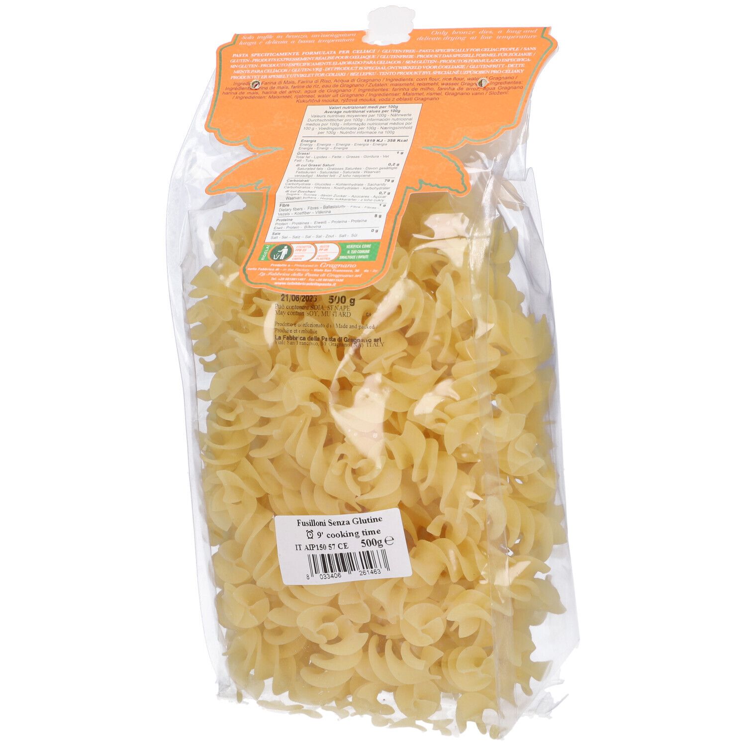 Retro della confezione di fusilloni giganti senza glutine. Informazioni e valori nutrizionali stampati.