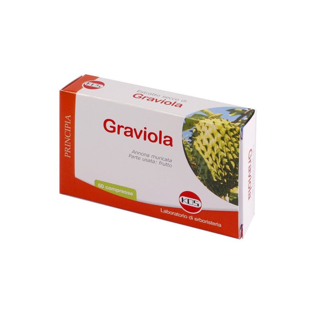 Scatola KOS Graviola Compresse. Confezione bianca e arancione con nome del prodotto e immagine del frutto. 60 compresse.