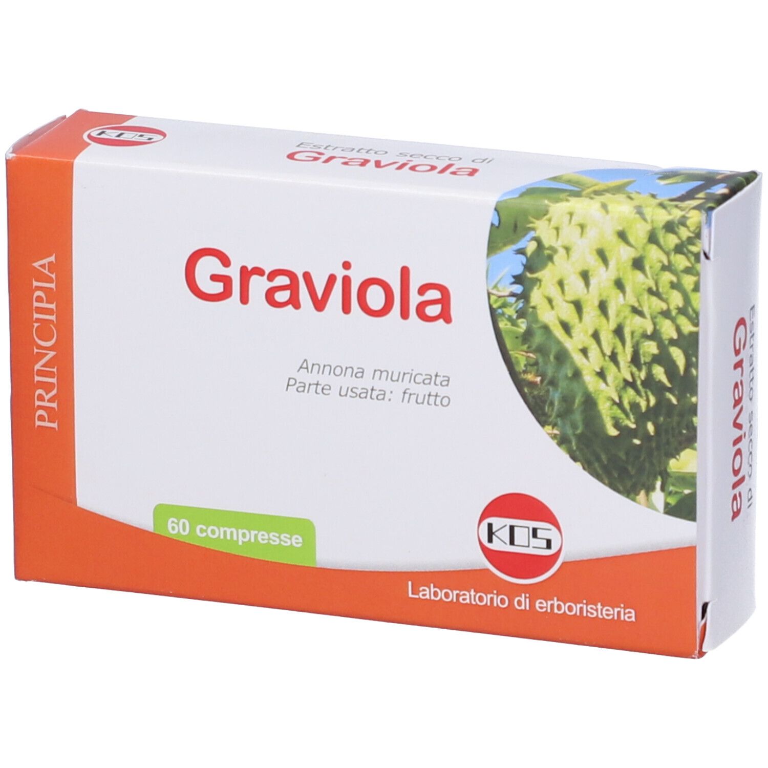 Scatola KOS Graviola Compresse. Confezione bianca e arancione con nome del prodotto e immagine del frutto. 60 compresse. Logo KOS.
