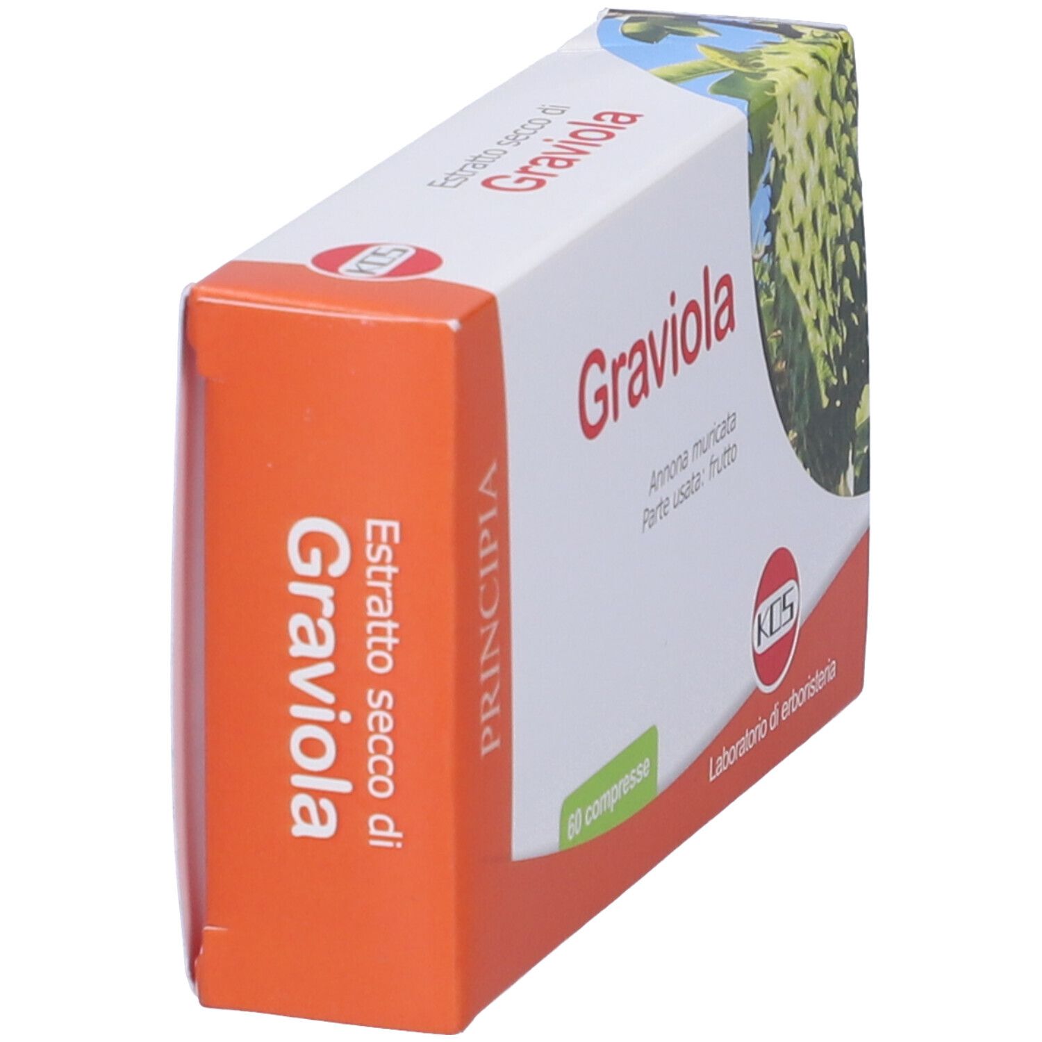 Scatola KOS Graviola Compresse. Nome del prodotto e immagine del frutto. 60 compresse. Logo KOS. Laboratorio di erboristeria.