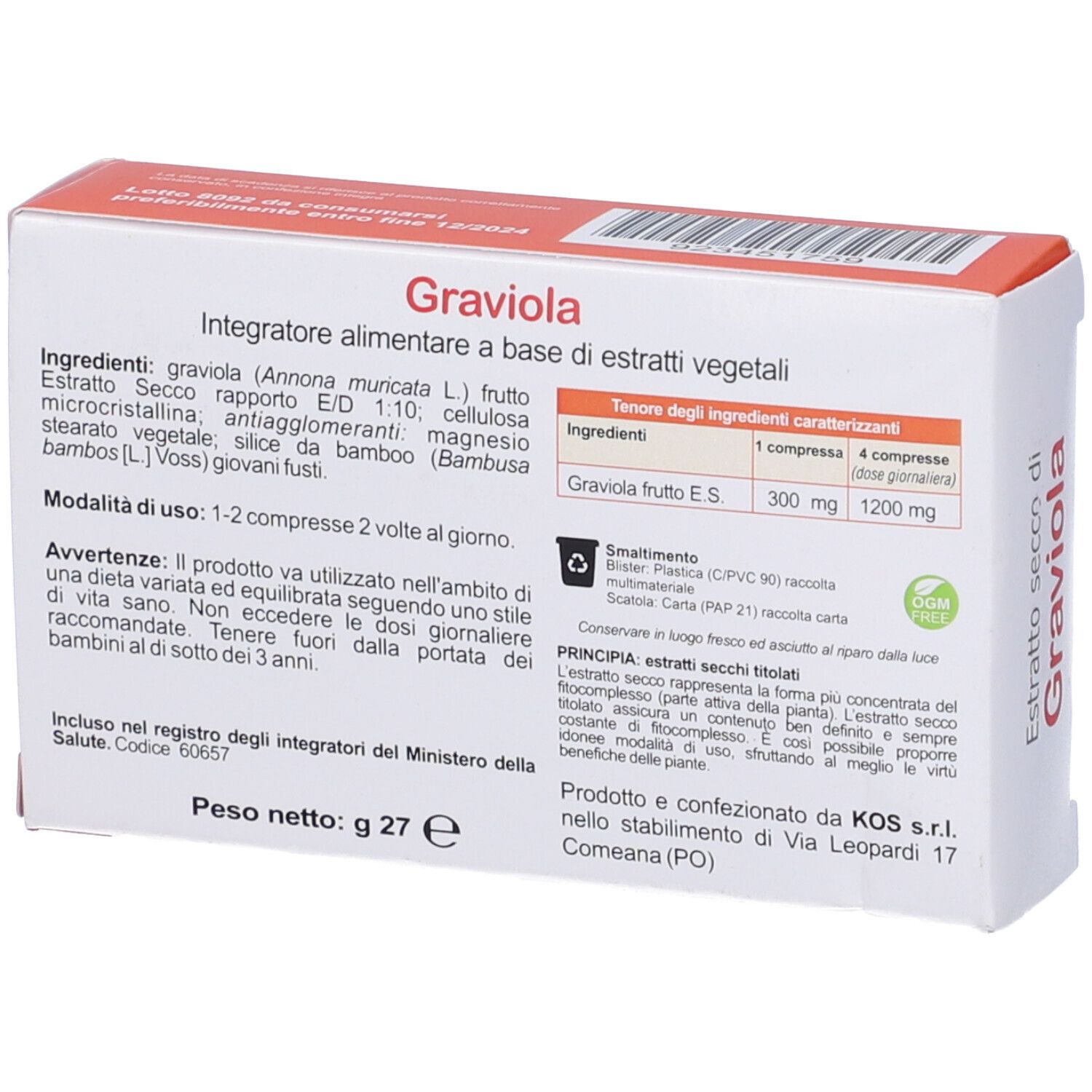 Retro della scatola KOS Graviola Compresse. Testo con ingredienti, uso, avvertenze e informazioni del produttore.