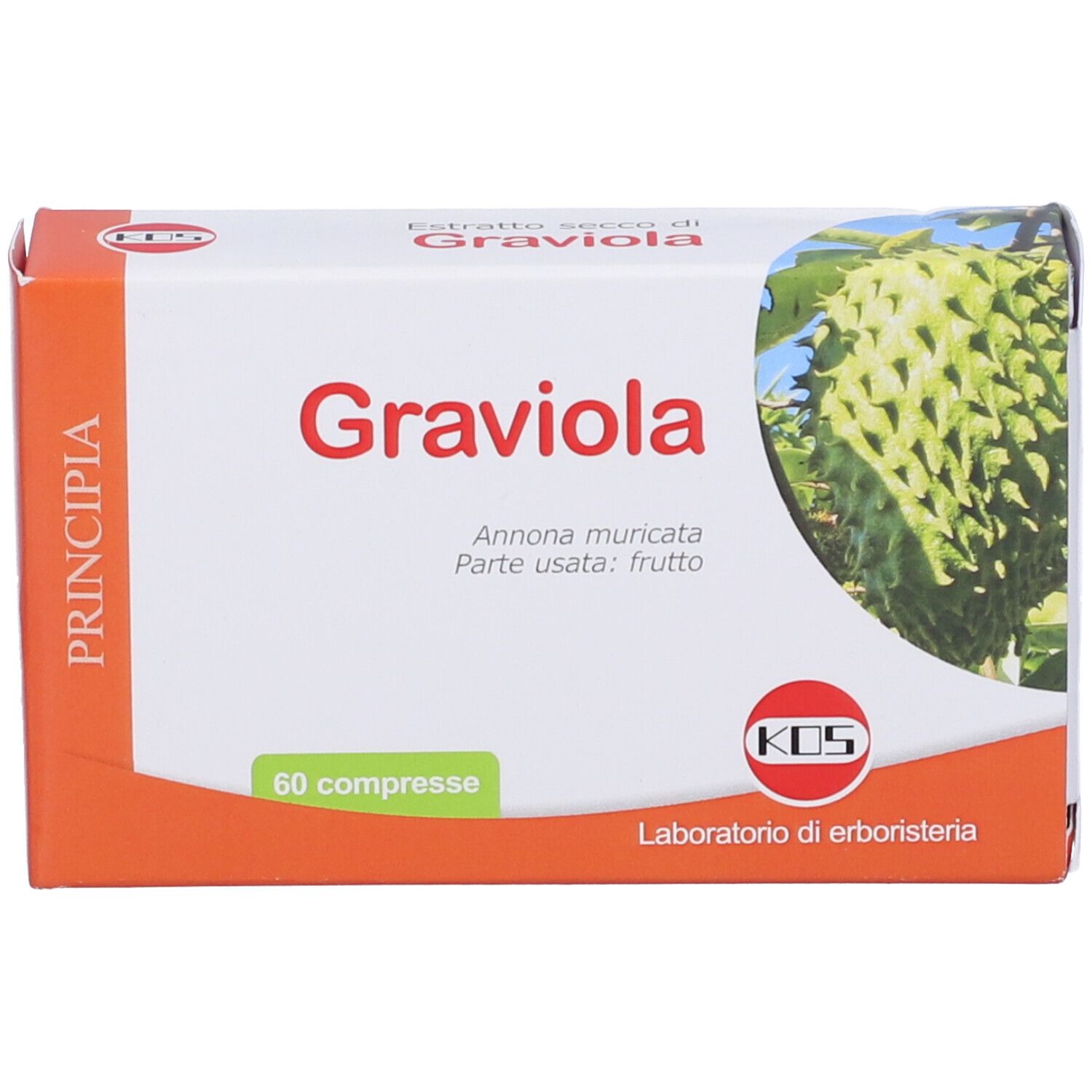 Scatola KOS Graviola Compresse. Confezione bianca e arancione con nome del prodotto e immagine del frutto. 60 compresse. Logo KOS.
