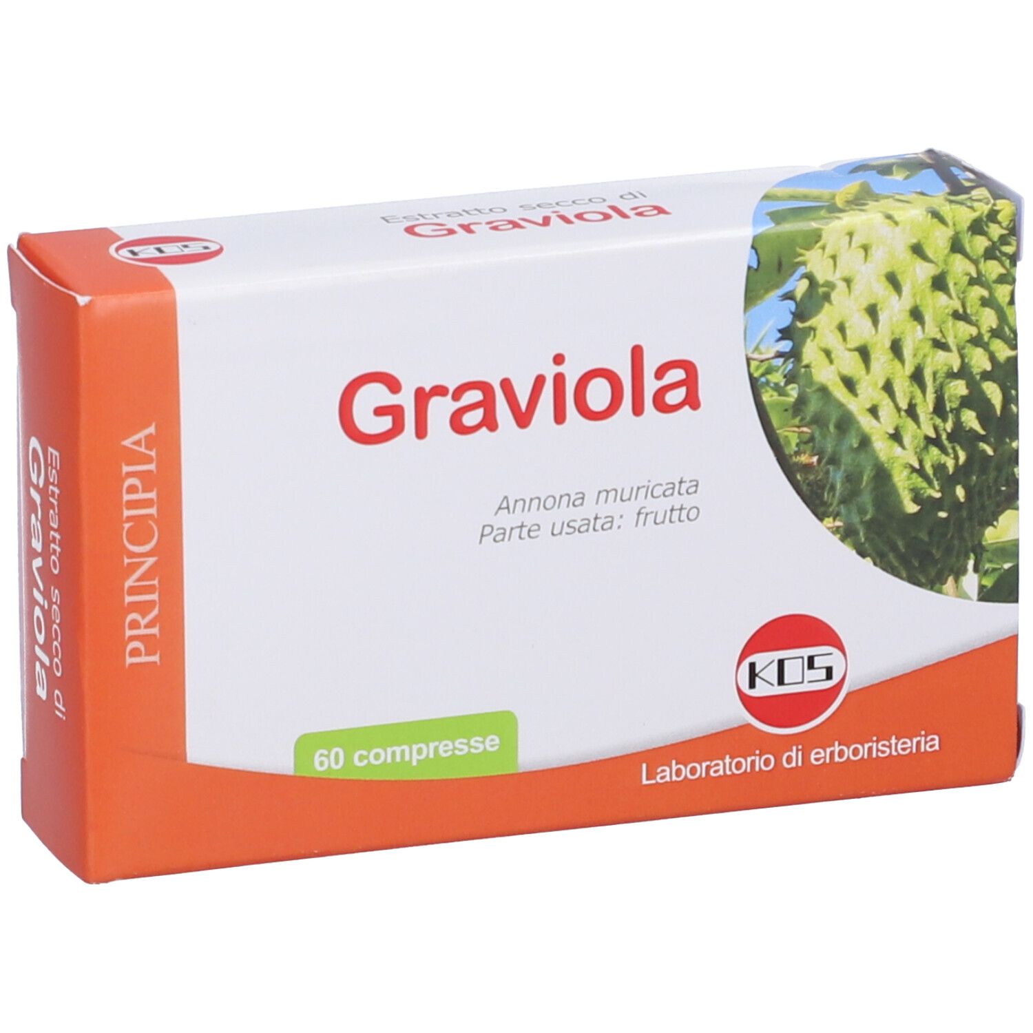 Scatola KOS Graviola Compresse. Confezione bianca e arancione con nome del prodotto e immagine del frutto. 60 compresse. Logo KOS.