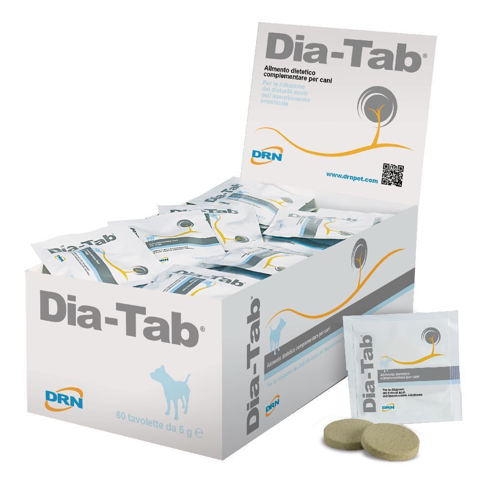 Confezione aperta di Dia-Tab con compresse confezionate singolarmente. Scritta "Dia-Tab" e "60 Tavolette" sulla scatola.
