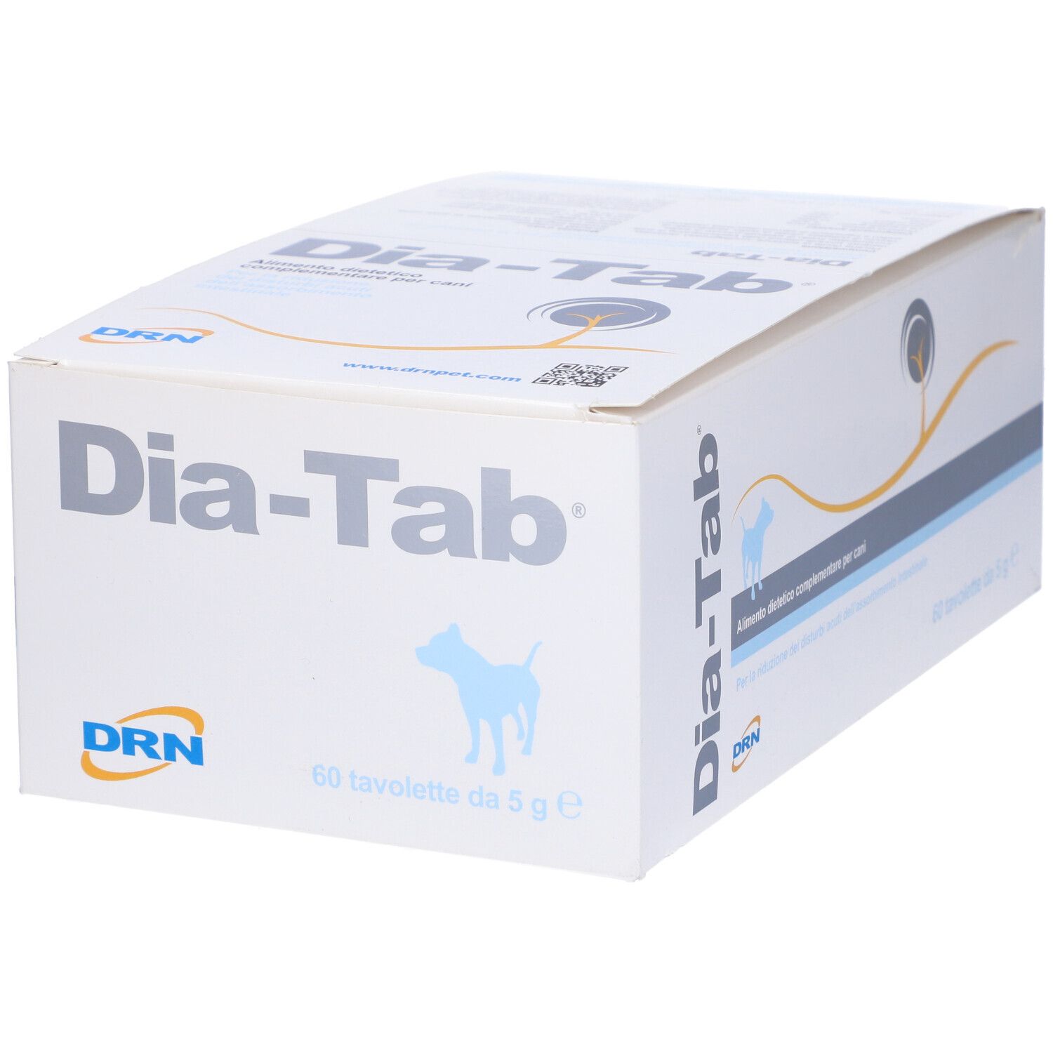Scatola chiusa di Dia-Tab. Scritta "Dia-Tab", logo DRN e "60 Tavolette da 5 g e" sulla confezione.
