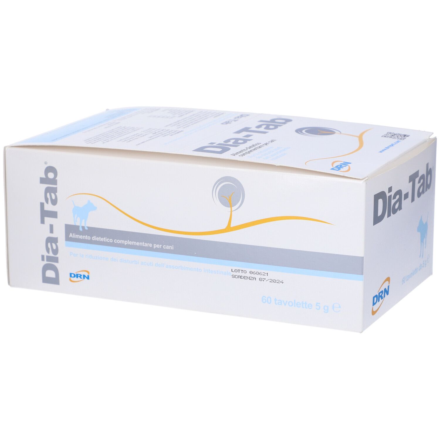 Scatola di Dia-Tab. Scritta "Dia-Tab", logo DRN e "60 Tavolette da 5 g e" sulla confezione.