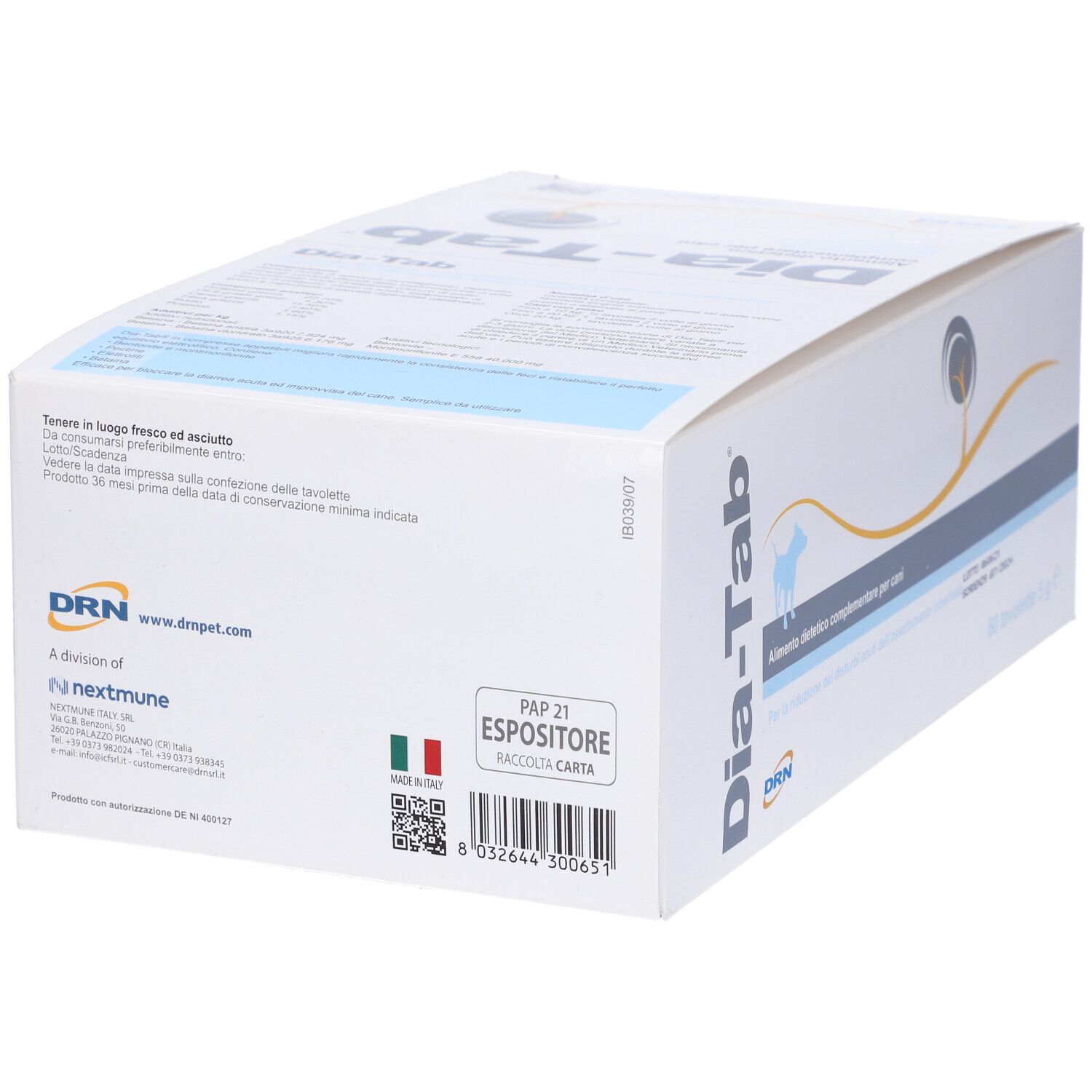 Scatola di Dia-Tab. Scritta "Dia-Tab", logo DRN e "60 Tavolette da 5 g e" sulla confezione.