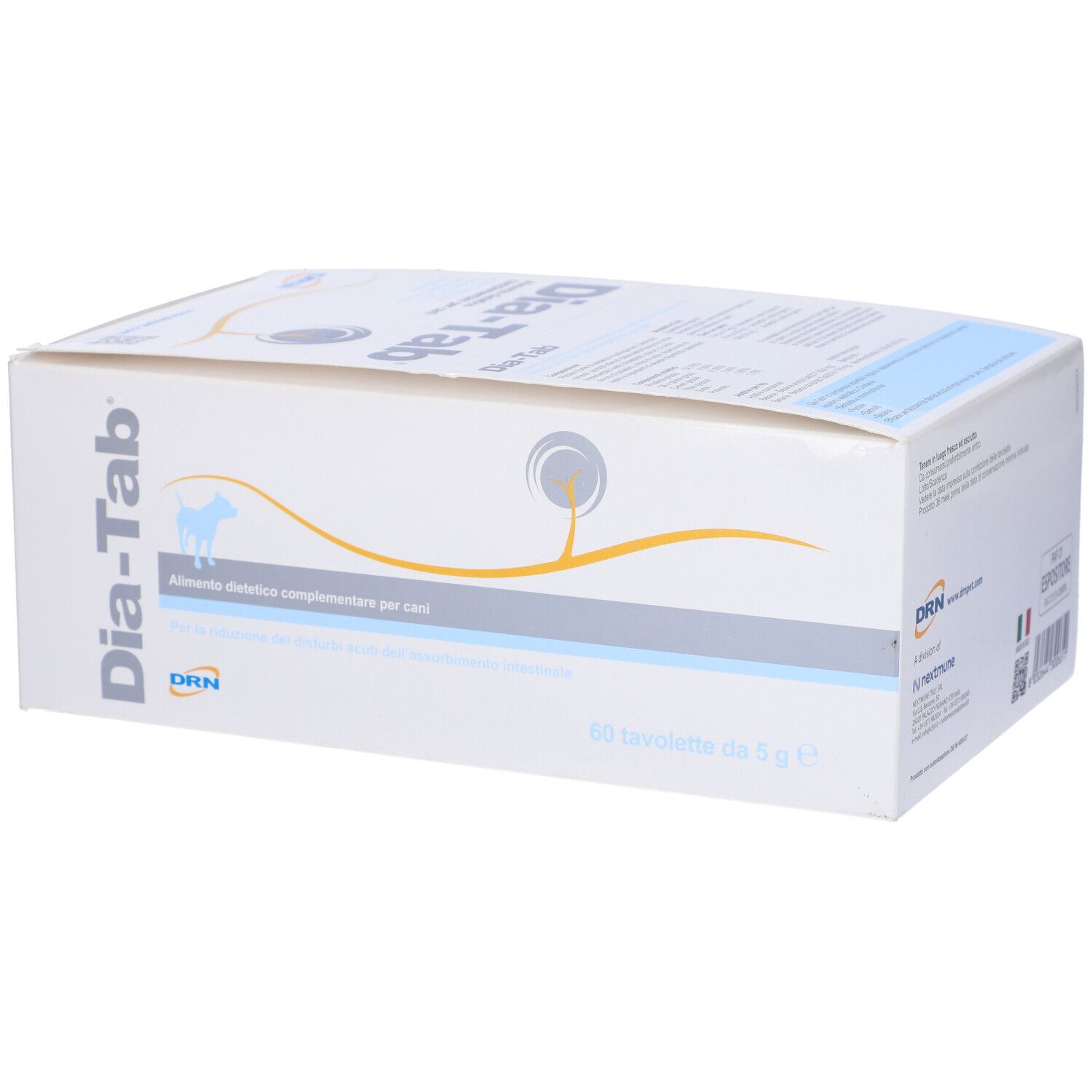 Scatola di Dia-Tab. Scritta "Dia-Tab", logo DRN e "60 Tavolette da 5 g e" sulla confezione.