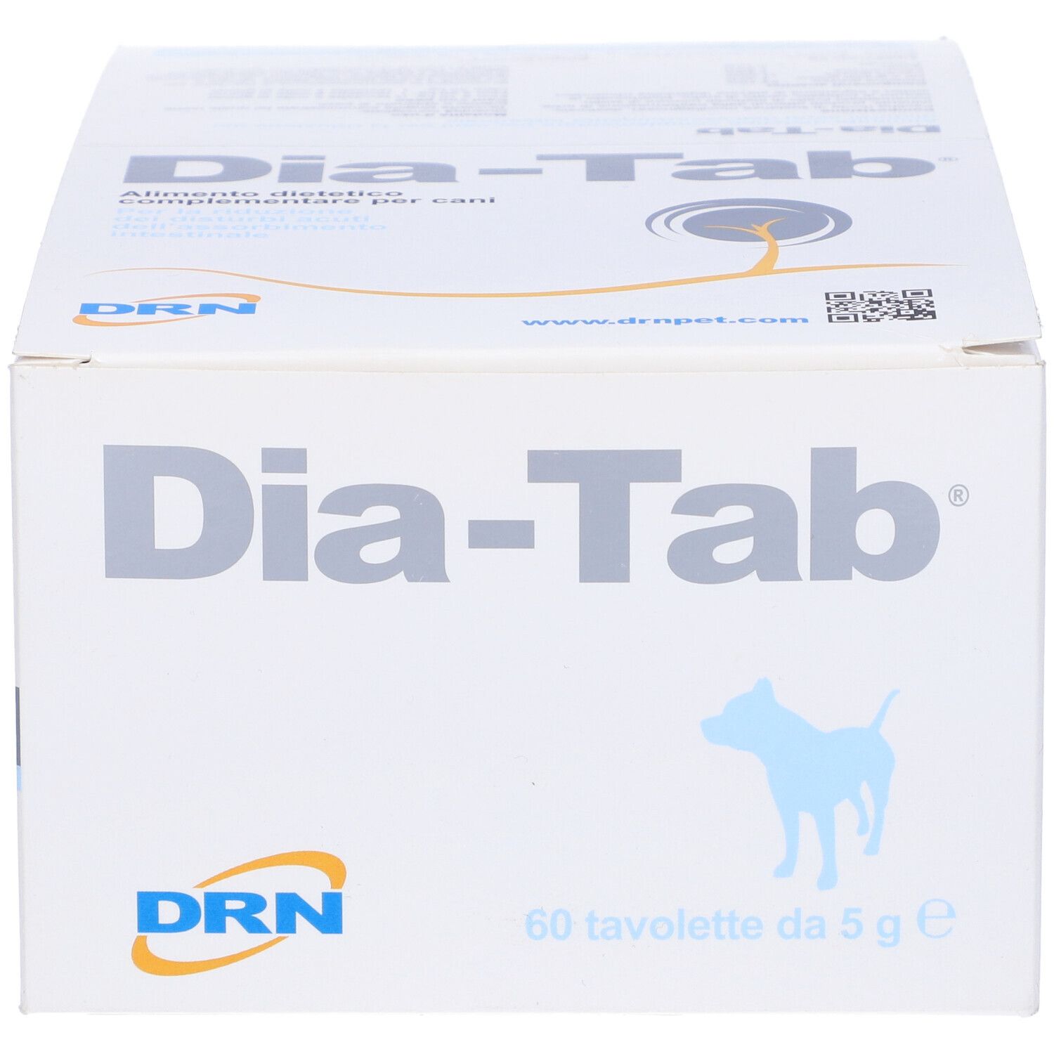 Scatola di Dia-Tab. Scritta "Dia-Tab", logo DRN e "60 Tavolette da 5 g e" sulla confezione.