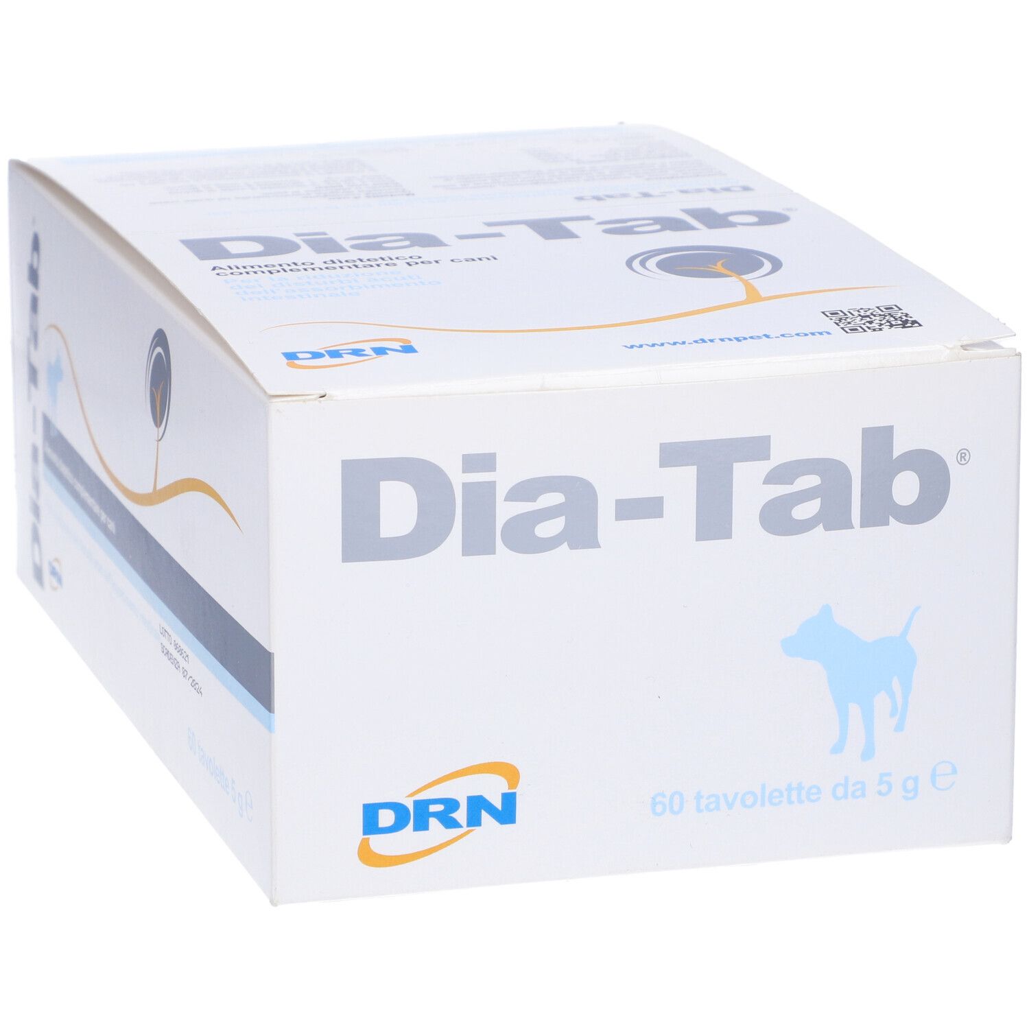 Scatola di Dia-Tab. Scritta "Dia-Tab", logo DRN e "60 Tavolette da 5 g e" sulla confezione.
