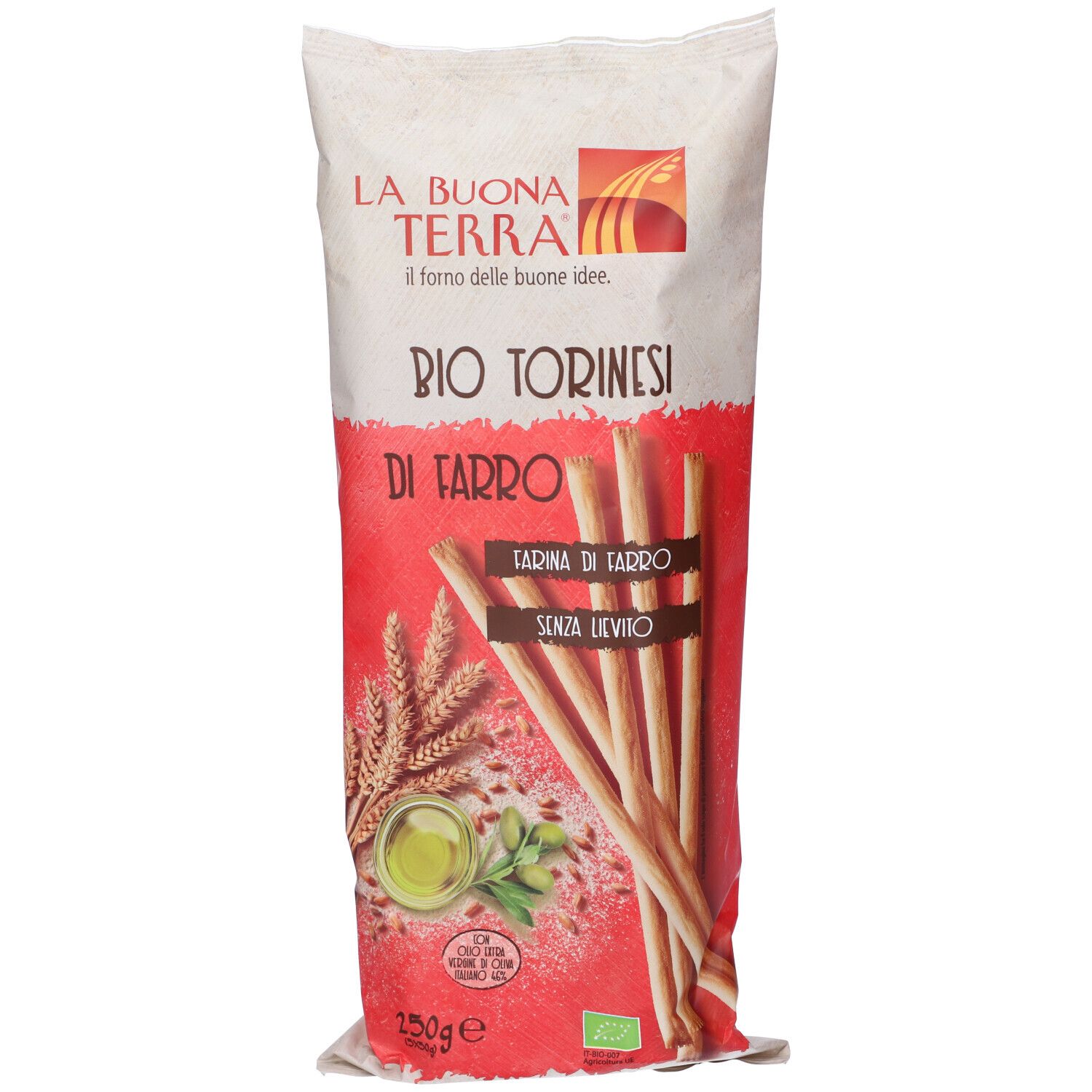 Confezione di "La Buona Terra Bio Torinesi". Grissini di farro. Confezione rossa e bianca con logo.