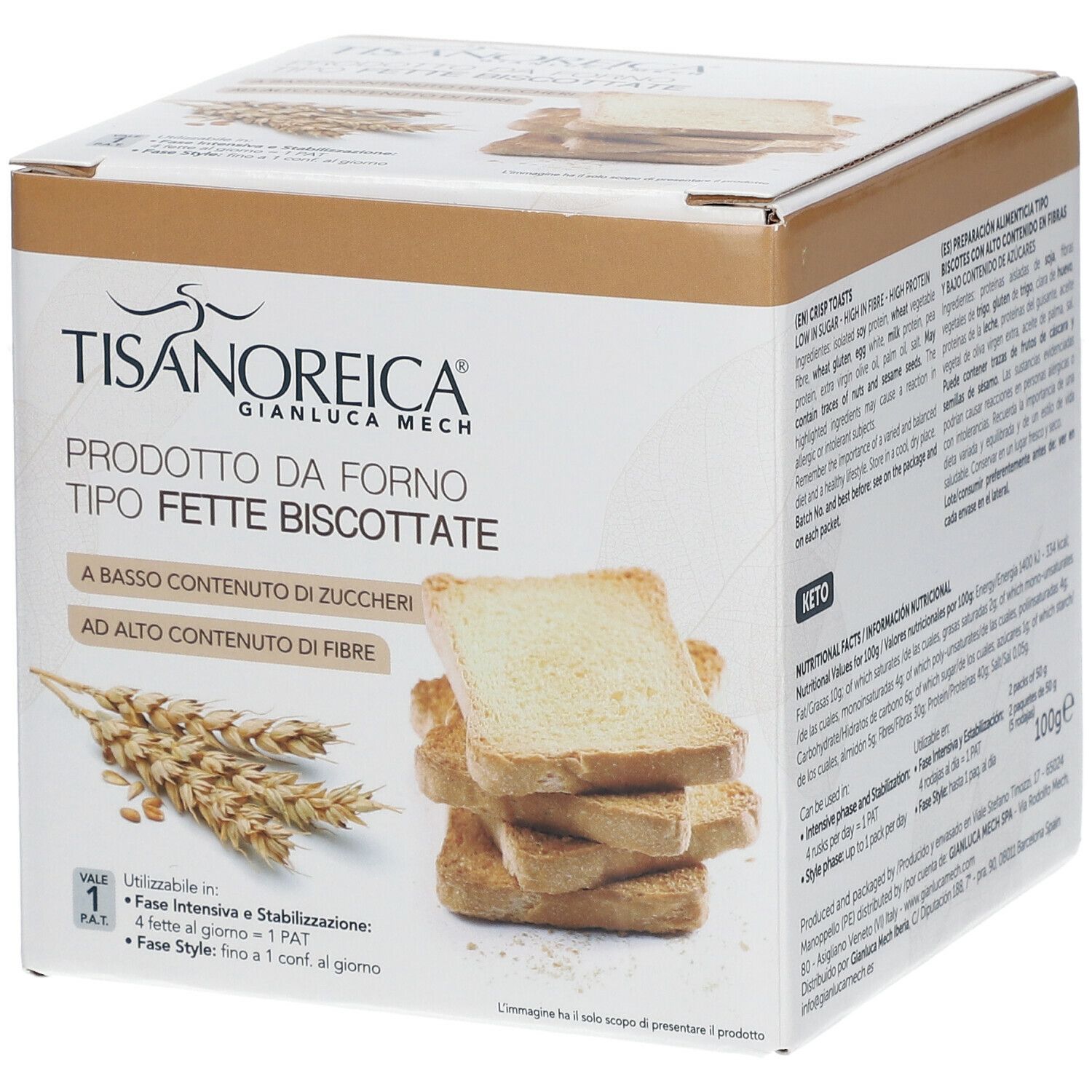 Scatola di Fette Biscottate. Nome del prodotto e testo in italiano. Pila di toast sul davanti.